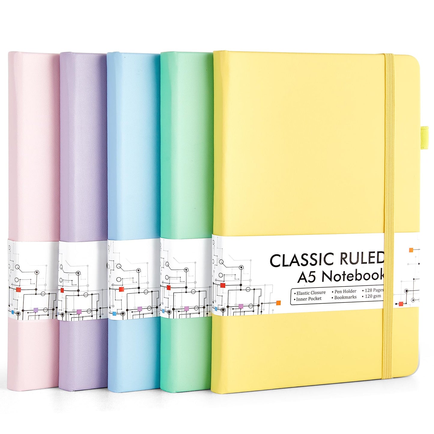 feela Journal Notebook Bulk for School, Hardcover Business Classic Ruled Lined Journals with Pen Holder for Work Office Journaling, with 5 Black Pens, 120 GSM, 5.1”x8.3”, 5 Pack, A5, Pastel Colors