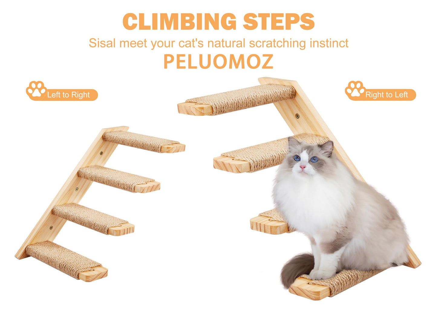 PELUOMOZ Cat Wall Shelves 2PCS Four Steps Reversible Left & Right Direction, Cat Shelf Stairway for Wall with Jute Scratching Ladder Cat Furniture for Perch Sleeping