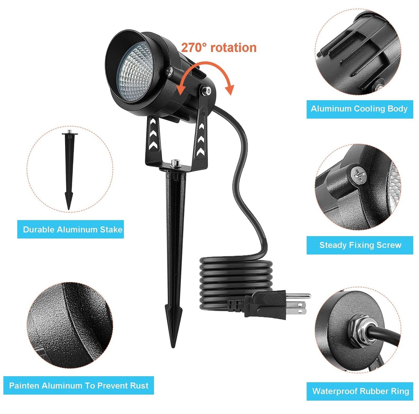 Warm White Spot Lights Outdoor, 12W 3000K Landscape Spot Lights, IP65 Waterproof Garden Lighting, Metal Case COB LED Lights for Lawn Lamp US 3- Plug Yard Christmas Decoration with Stakes(2 Pack)
