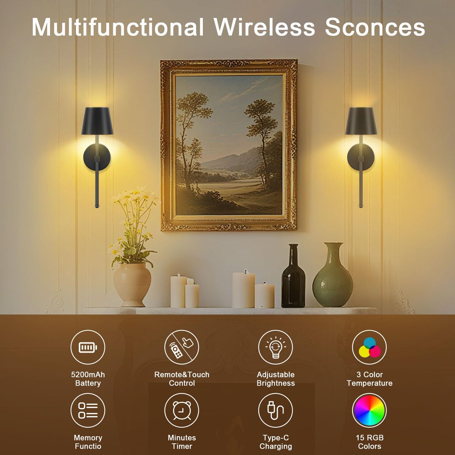 Lightess Battery Operated Wall Lights, 5200mAh Rechargeable Wall Sconces Set of Two with Remote Control, 15 Colors RGB Indoor Dimmable Wireless Wall Lamp for Living Room, Hallway, Bedroom, Black