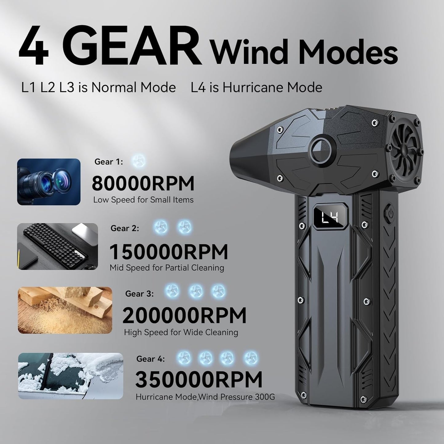 Compressed Air Duster, 4-Gear Adjustable 350000RPM Electric Air Duster,Jet Dry Blower Replace Air Can - No Canned Air Duster，10000mAh Rechargeable Air Blower for Deep Computer Clean (Black-2)