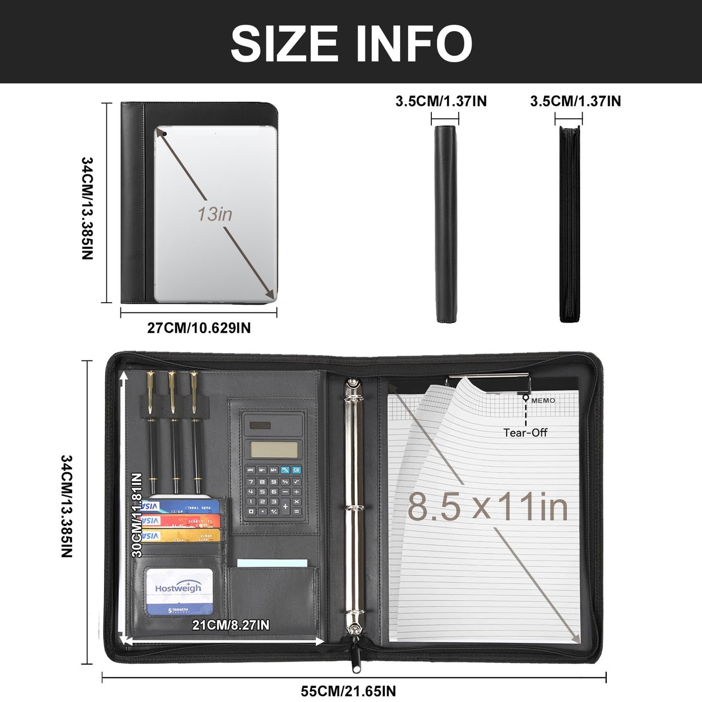 Leathario Portfolio, Vegan Leather 3-Ring Zipper Binder, Includes 10 Clear Sheet Protectors and a Pen, Multi-Pocket A4 Padfolio Folder for Tablets, Files and Business Documents, Office Supplies