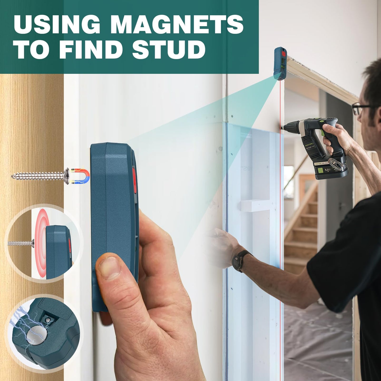 Magnetic Stud Finder with Laser Level,Hands-Free Marking Stud Finder Wall Scanner Using for Hanging Pictures & Home Renovations,Horizontal & Vertical Bubble Stud Finder Tool for Drywall Wooden Wall