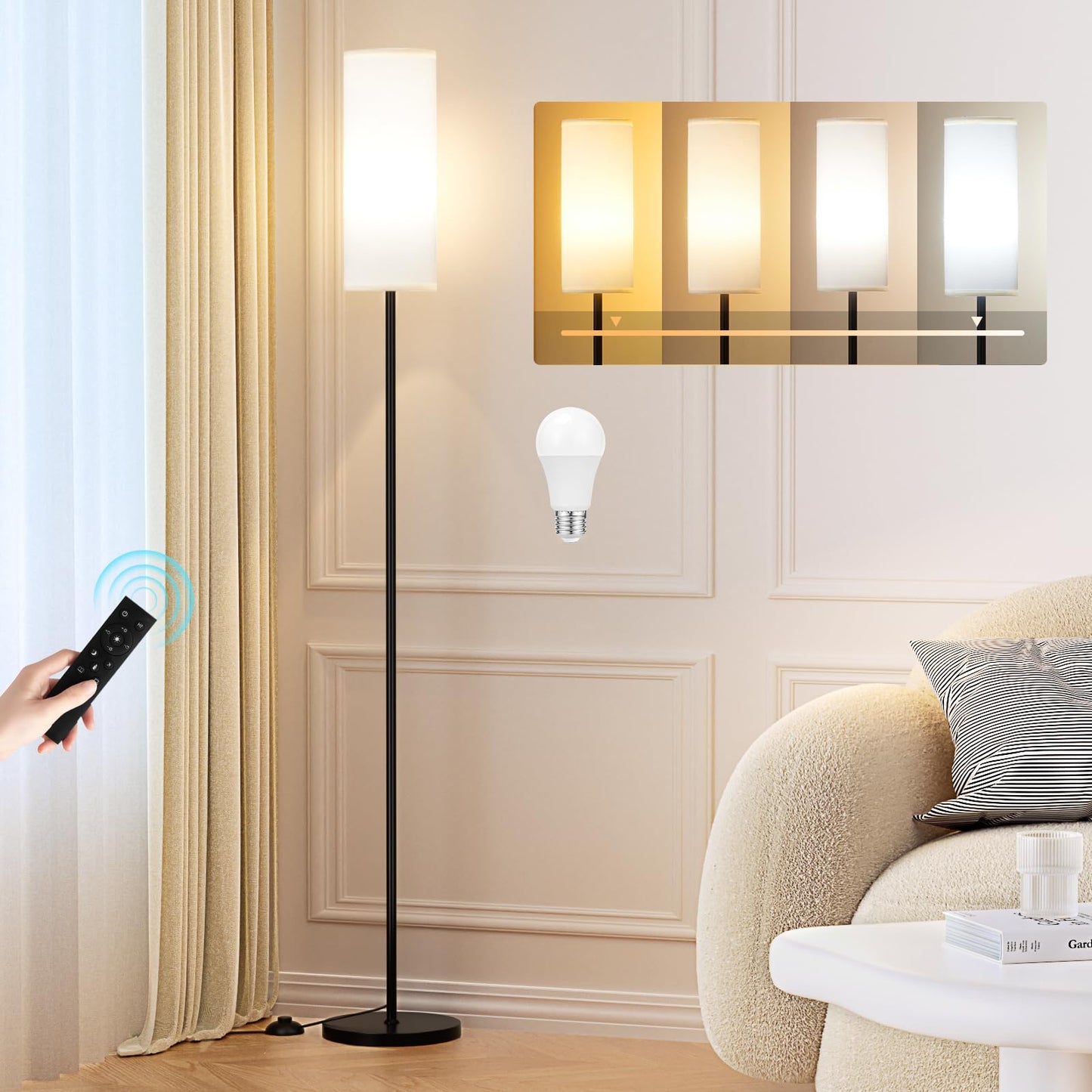 Ambimall Floor Lamp with Remote Control- Dimmable Standing Tall Lamp, Floor Lamps for Living Room, Bedrooms, Stepless Adjustable 3000K-6000K Colors, 10-100% Brightness, Foot Switch