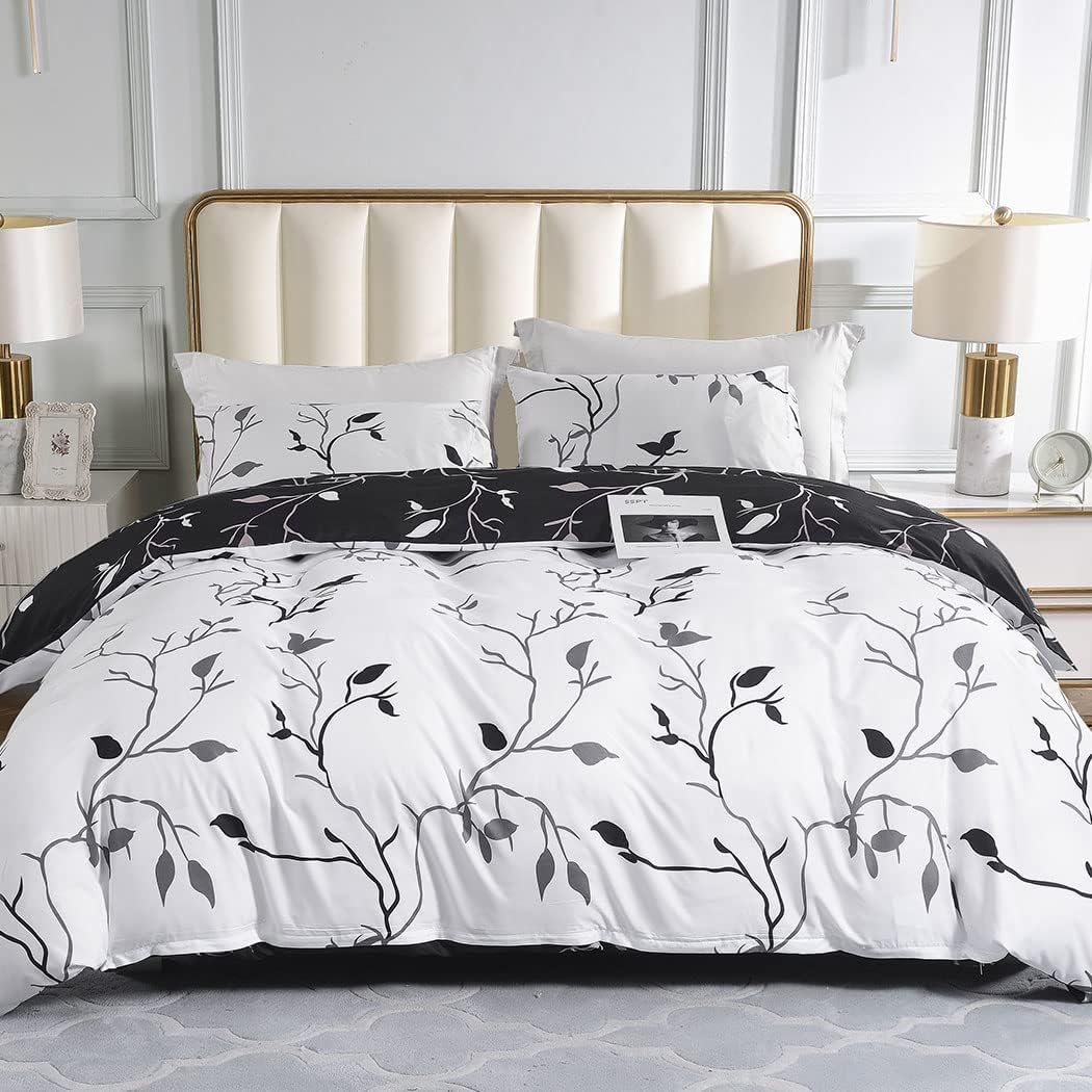 Conworld Reversible Duvet Cover King, White Black Tree Branch Pattern King Duvet Cover Set 3pc Soft Microfiber Breathable Botanical Bedding Sets with Zipper Ties
