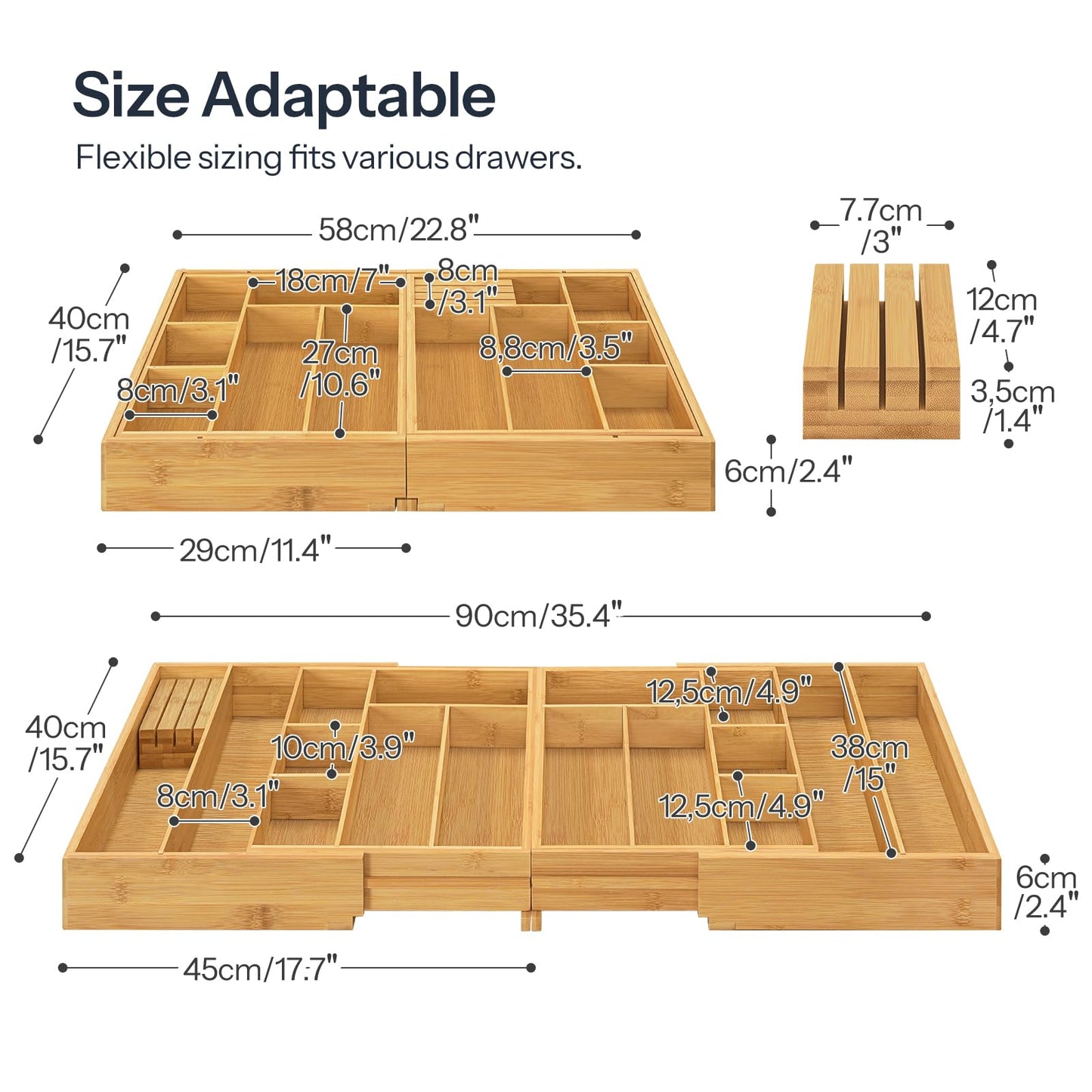HO0BRO Large Silverware Organizer Kitchen Drawer Organizer, Magnetic Connected Expandable Utensil Organizer From 58 to 90 cm, Bamboo 16 Slots Cutlery Tray with Knife Holder, Natural YL07TL01