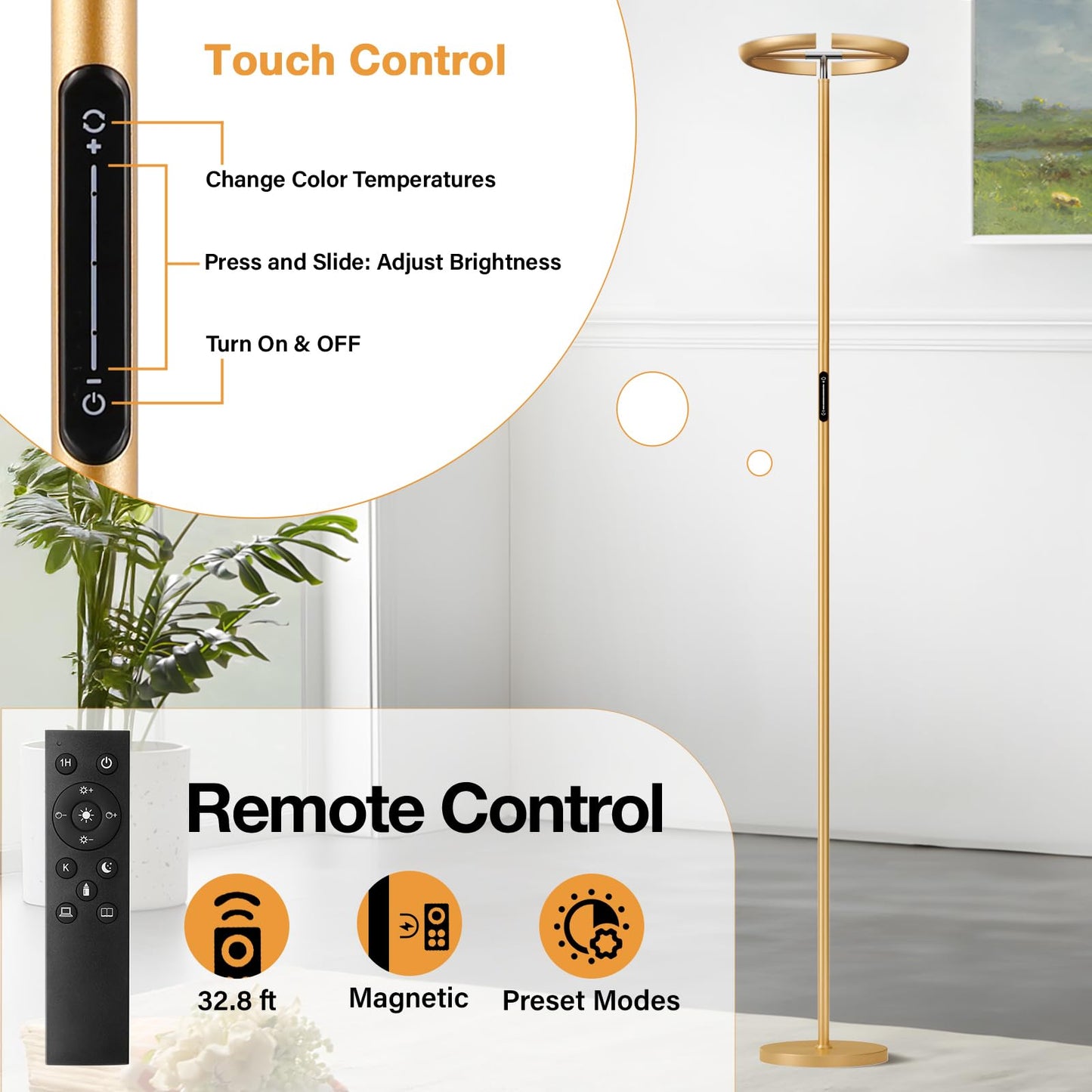 Ambimall Torchiere Floor Lamp, 2400LM LED Floor Lamp with Touch an d Remote Control, 70" Tall Standing Lamp with Stepless Dimmable and 3000K-5000K Color, Separately Rotatable Design(Gold)