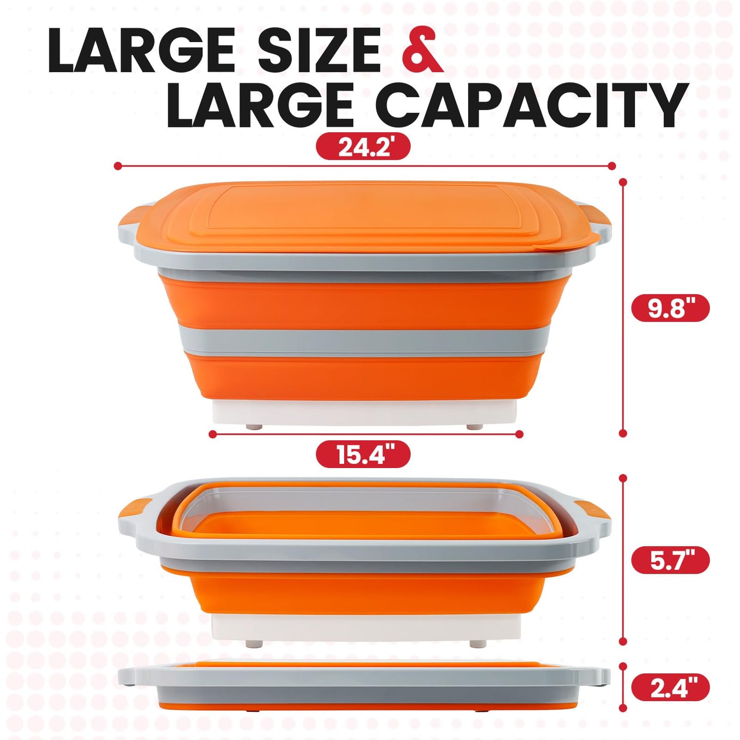 BBQ Prep Tub 3-in-1 Large 30L Collapsible Cutting Board with Locking Lid for Meal Prep Marinating Food, Camping Sink with Colander, Dish Basin, Storage Blanket for Camping Picnic BBQ, Orange