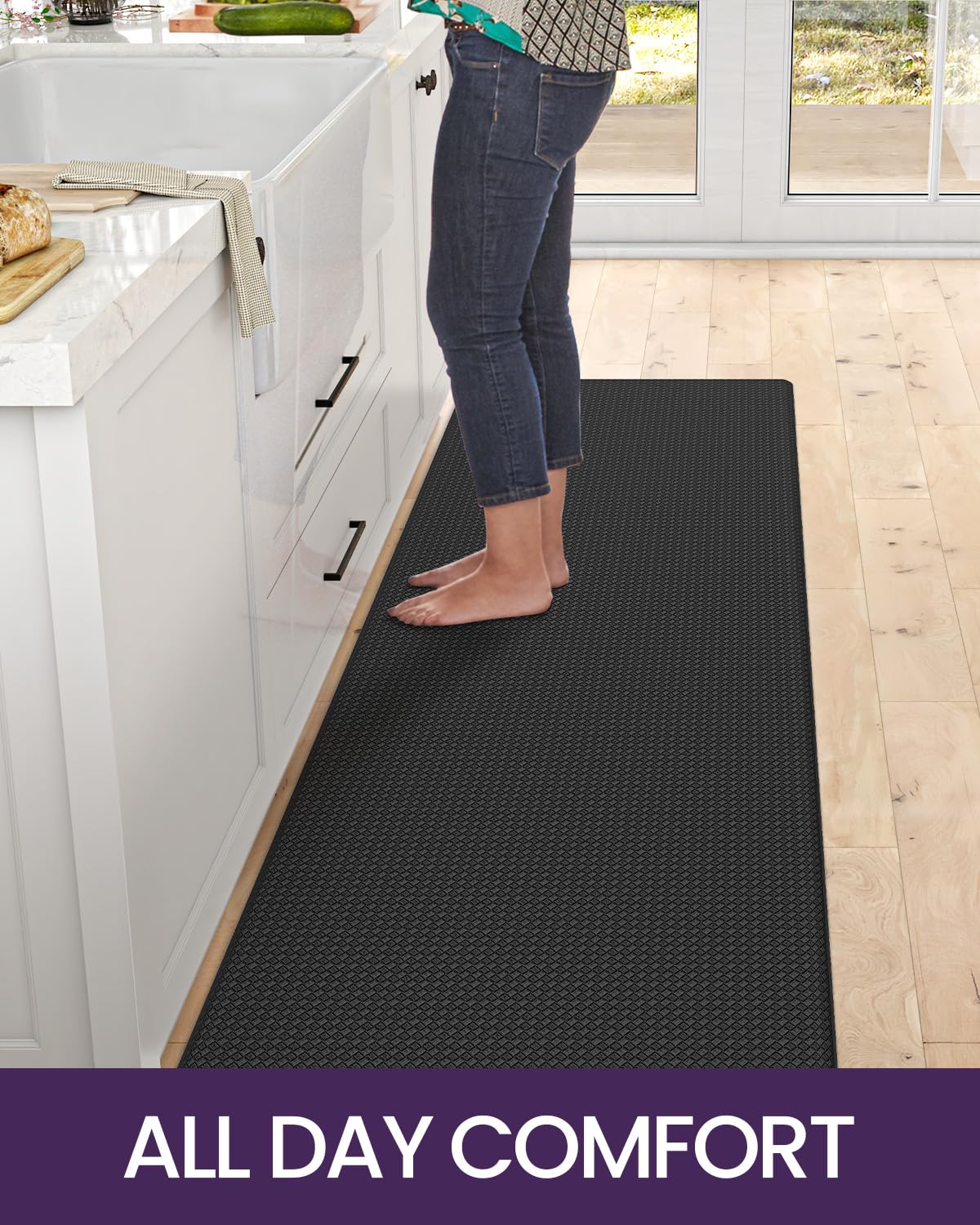 DEXI Kitchen Mat Anti Fatigue, 17x29+17x59 Floor Rugs Set with Non Slip Back, Waterproof Comfort Standing Desk Runner for Sink, Laundry Room, Office, Black