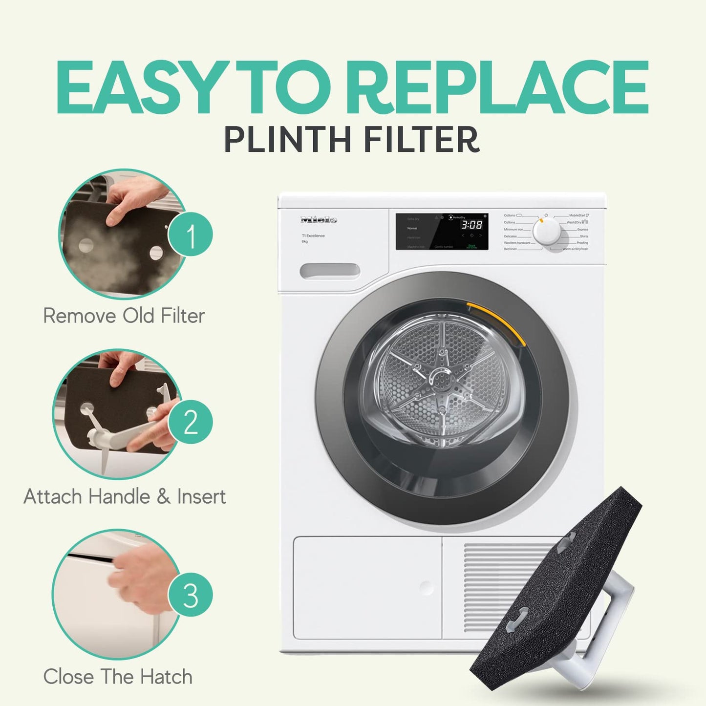 Plinth Filter Replacement for Miele T1 Dryer - 9164761 Heat Pump Tumble Dryer, Toe-Kick Lint Foam Filter Replacement 2 Pack By JASCODE