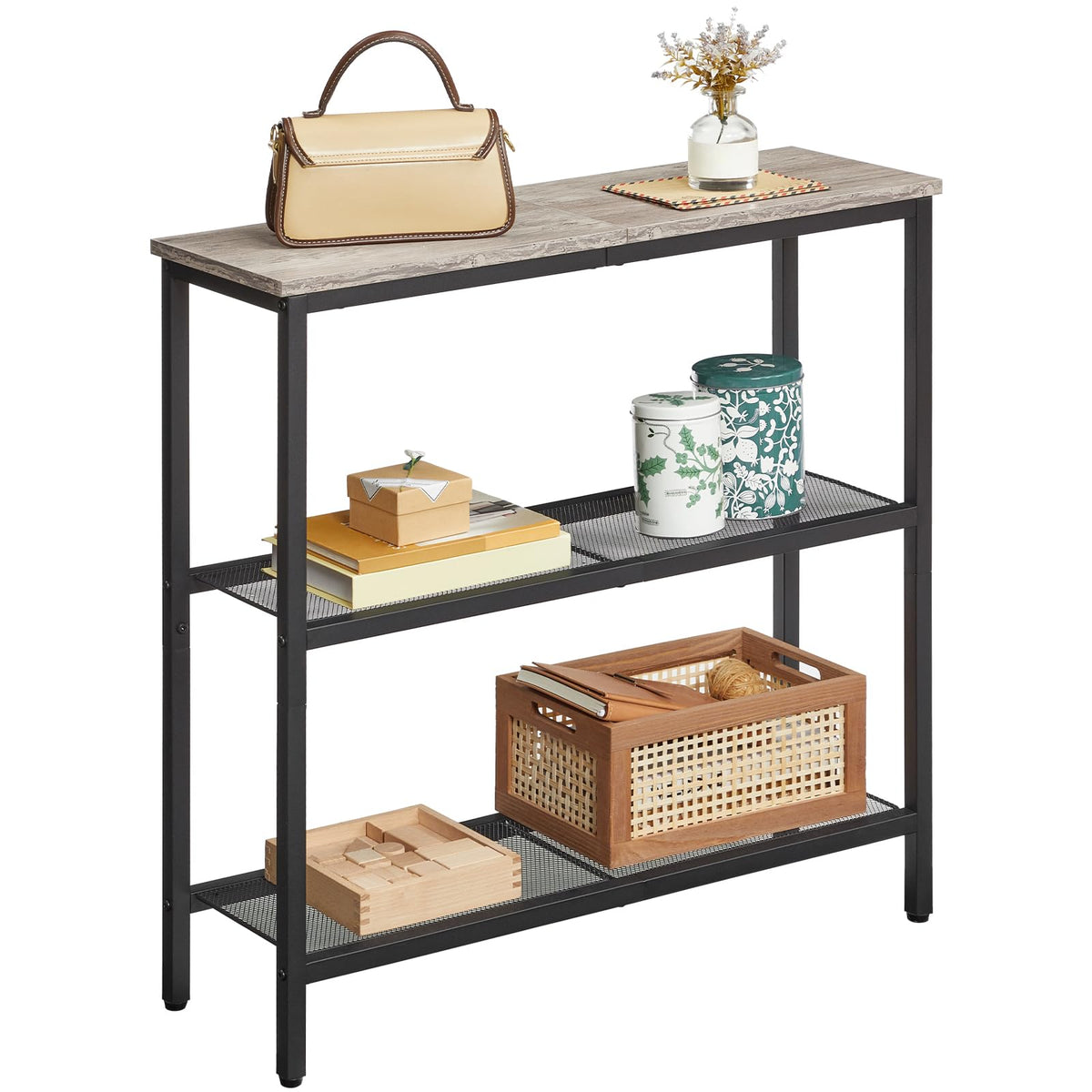 HOOBRO 75 cm Narrow Console Table, 3-Tier Entryway Table, Thin Sofa Table with Shelves, Side Table, Display Table, for Hallway, Entrance, Living Room, Bedroom, Greige and Black BG73XG01