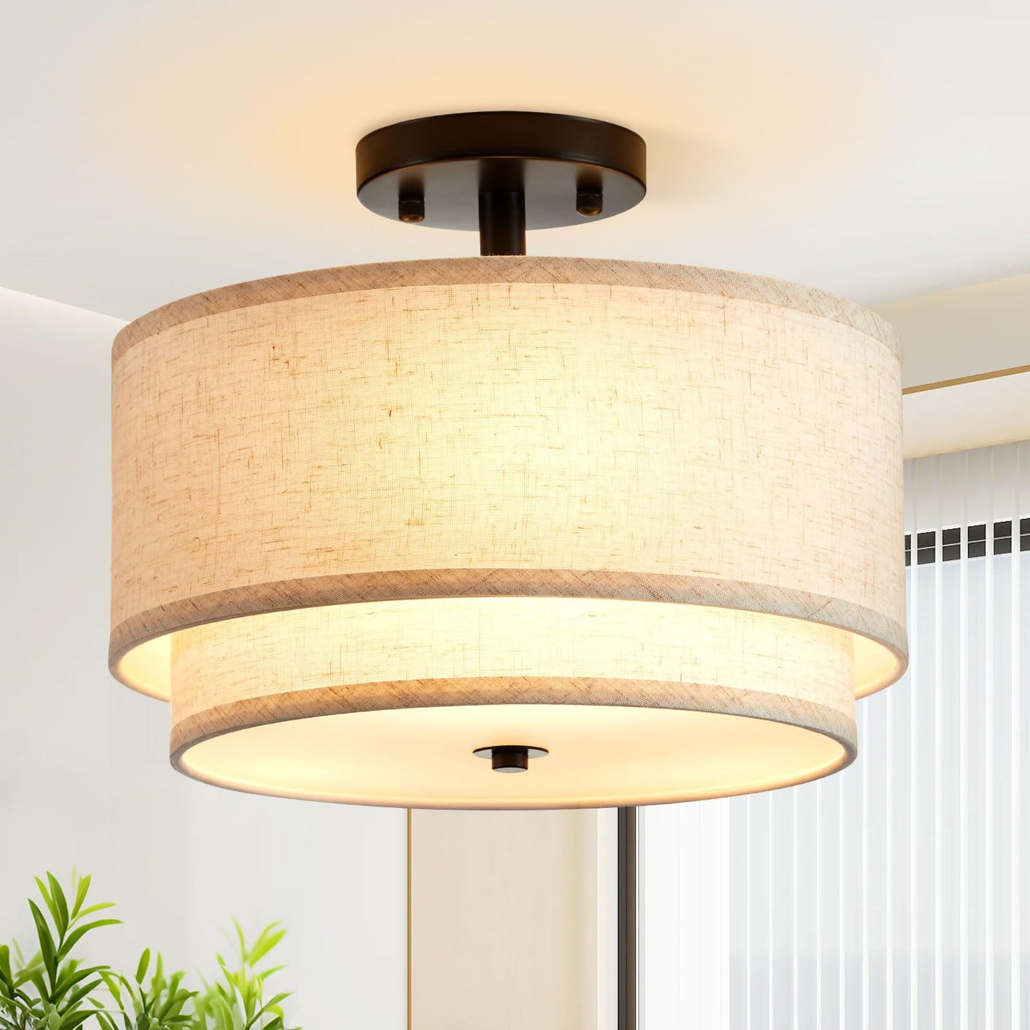 Ceiling Light,2-Layer Drum Shaped Light Fixture Ceiling,3 Light Semi Flush Mount Ceiling Light, 12.6“ Modern Fabric Ceiling Light Fixtures,Ideal Bedroom Light Fixtures Ceiling,Living Room,Kitchen