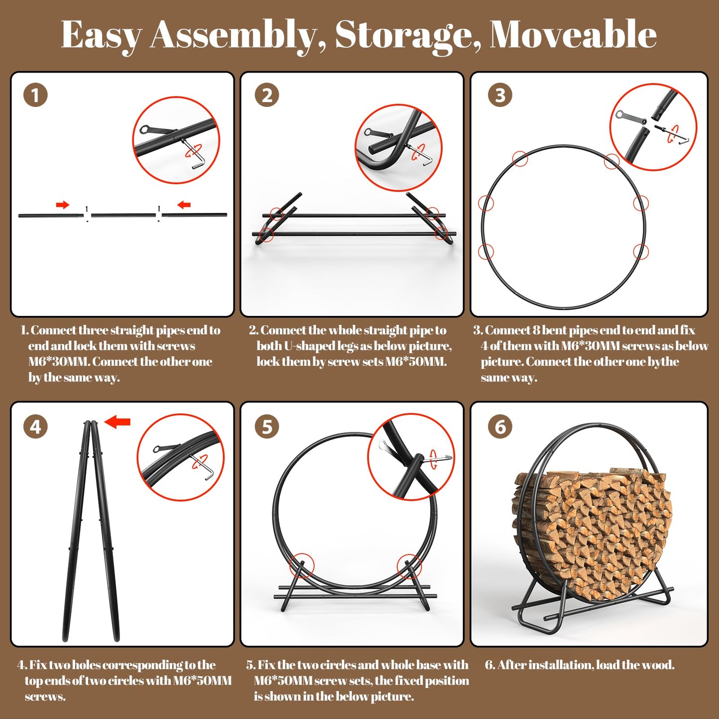 YSEJOMP Outdoor Firewood Circle Rack- Metal Pipe Ring,Sturdy & Durable Firewood Holder for Indoor/Outdoor Use,Space-Saving Design for Fireplace,Campfire or Backyard Storage (48 inch diameter circle)