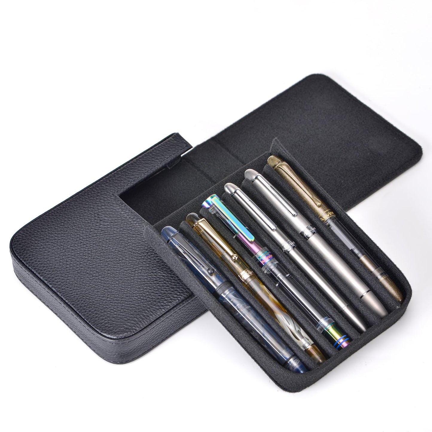 Lanxivi Fountain Pen Cover Genuine Leather Organizer Portable Pen Pouch Drawer Style, Black-6 Slots, 6 Slot, 6 Slots