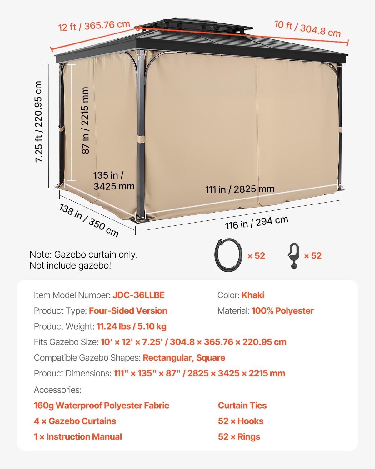 VEVOR Gazebo Curtains Outdoor, Fit Most 12' x 10' x 7.3' Gazebos, 4-Panel Sidewall Gazebo Privacy Curtains with Zippers, Outdoor Curtain Replacement for Patio Canopy, Only Curtain, Khaki