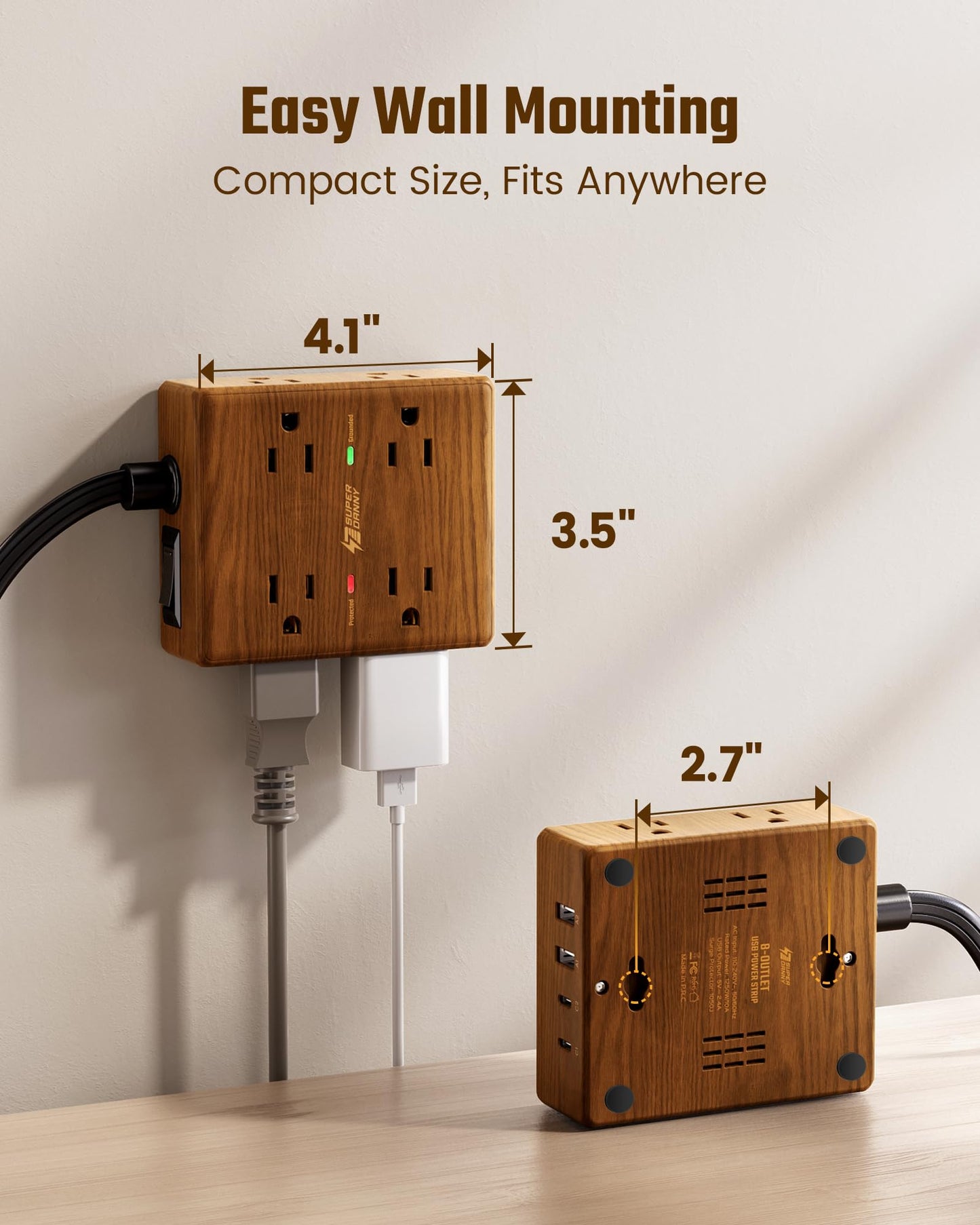 Brown Extension Cord 10Ft, Flat Plug Power Bar Surge Protector, 8 Outlets & 4 USB Ports (2 USB C), Desktop Charging Station Hidden Behind Furniture, Decorative Office Desk Accessories (Wood Grain)