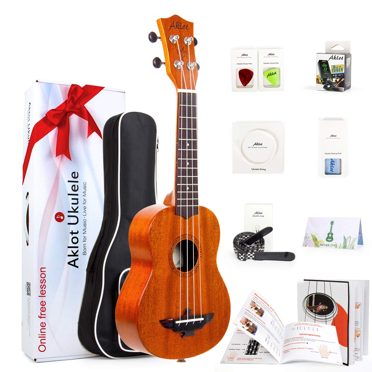 AKLOT Soprano Ukulele Solid Mahogany Ukelele 21 inch Beginners Ukuleles Starter Kit with Free Online Courses and Ukulele Accessories (AKS21)