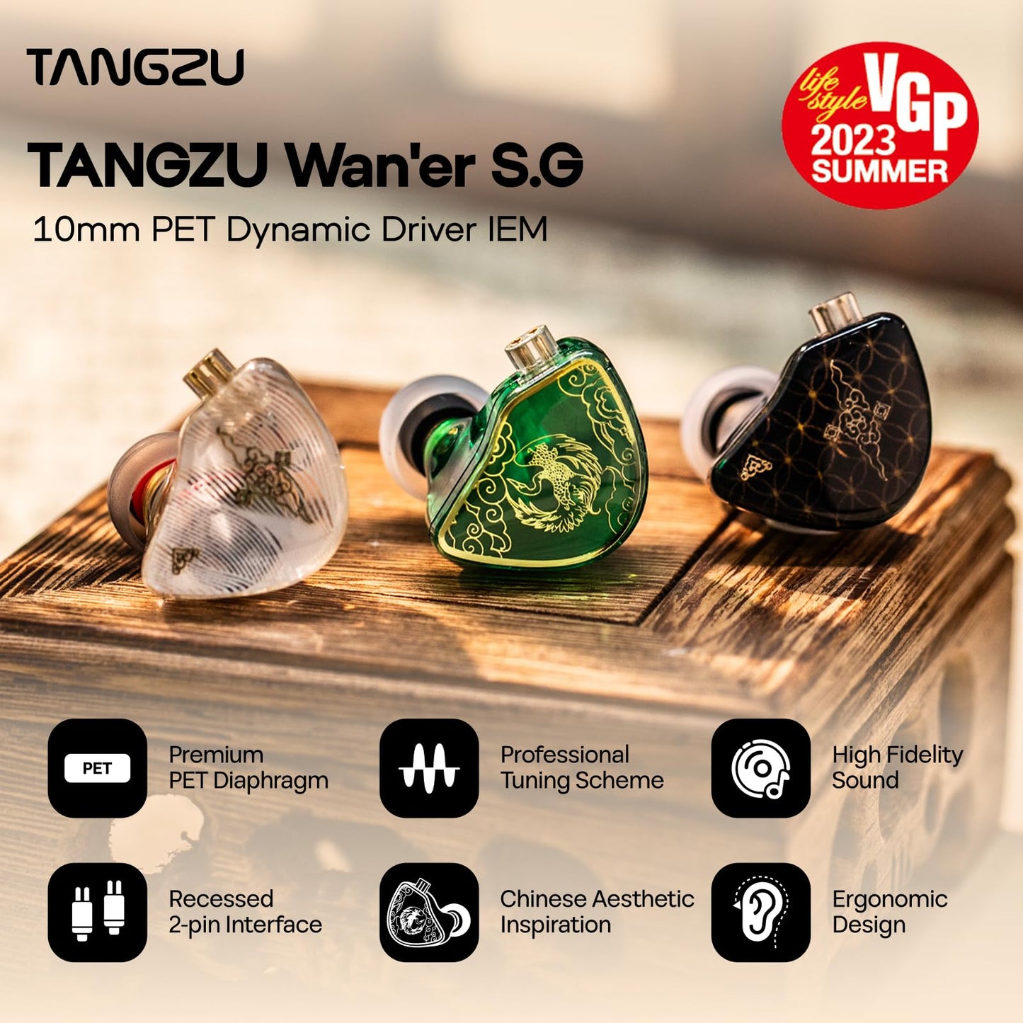 Linsoul TANGZU Wan’er S.G HiFi 10mm Dynamic Driver PET Diaphragm in-Ear Earphone with Ergonomic Shape, Detachable Recessed 2Pin OFC Braided Cable for Audiophile Musician DJ Stage (Green, with Mic)