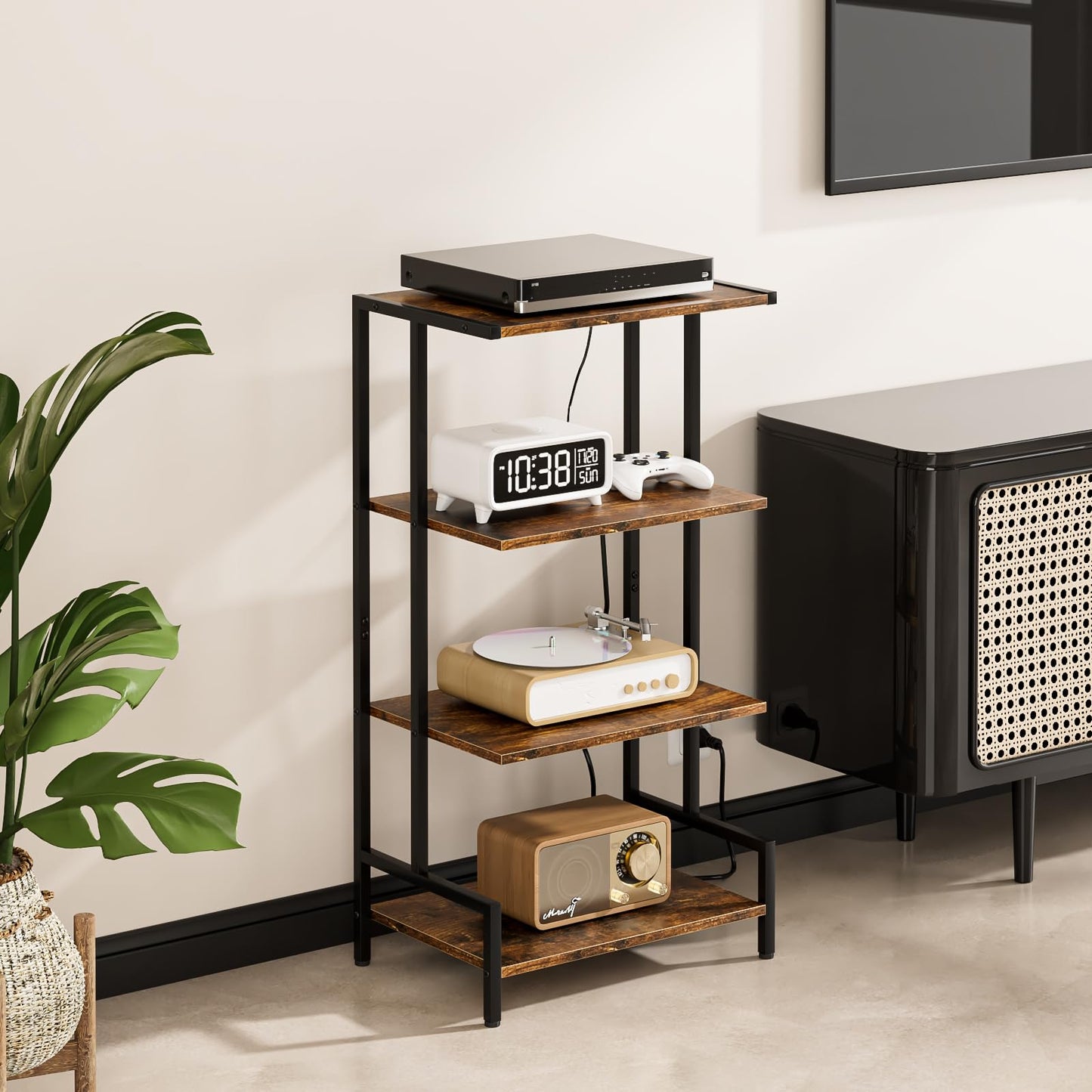Arbuxzuy 4-Tier AV Media Stand with Power Outlet and LED Lights,Wooden Stereo Stand Cabinet,Game Console Shelf for Small Space,Audio Rack Stand Tower Ideal for Video DVD Players,Xbox