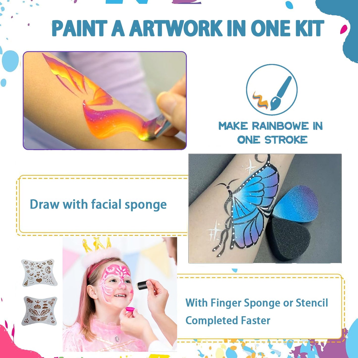 Face Painting Kits for Kids Adults Party Professional Split Cake Palette Water Actived Body Paint for Skin with Brushes Sponges Stencils Non-Toxic & Washable for Birthday Children's Day