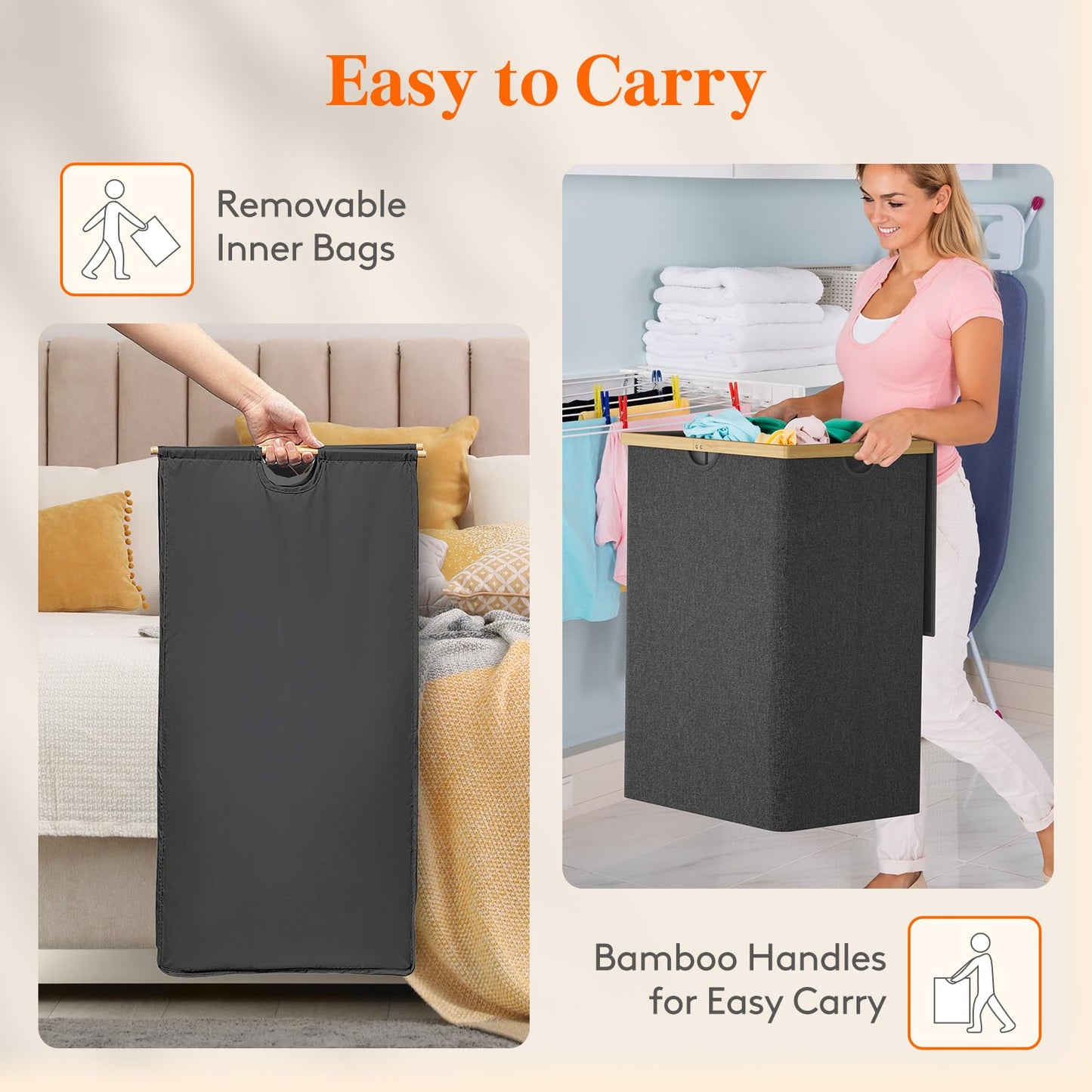 Lifewit 160L Double Laundry Hamper with Lid, Extra Large Bamboo Laundry Basket Dirty Clothes Hamper, 2 Section Laundry Bin Organizer for Laundry Room Bedroom with 2 Removable Liners & Bags, Dark Black