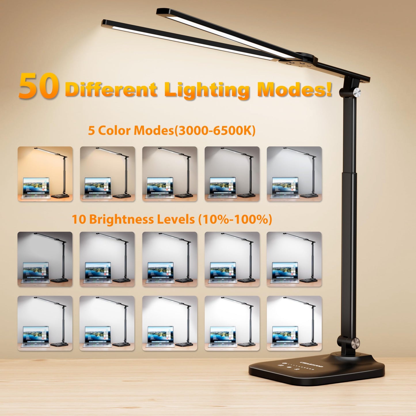 LED Desk Lamp for Office Home, Double Head Height Adjustable Desk Light with 50 Lighting Modes, Eye-Caring Architect Table Light for Reading, Study, Drafting, 45 Min Auto Timer