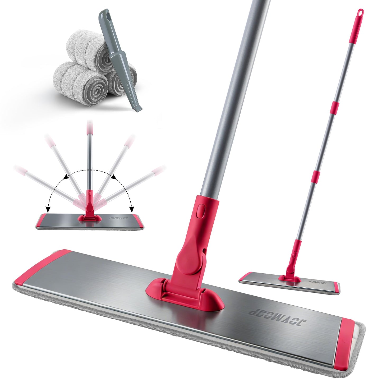 JOYMOOP 18 Inch Dust Mop for Hardwood Floors, Heavy Duty Industrial Wet Dry Mops with Telescopic Handle, Includes 3 Microfiber Mop Pads - Red-Grey