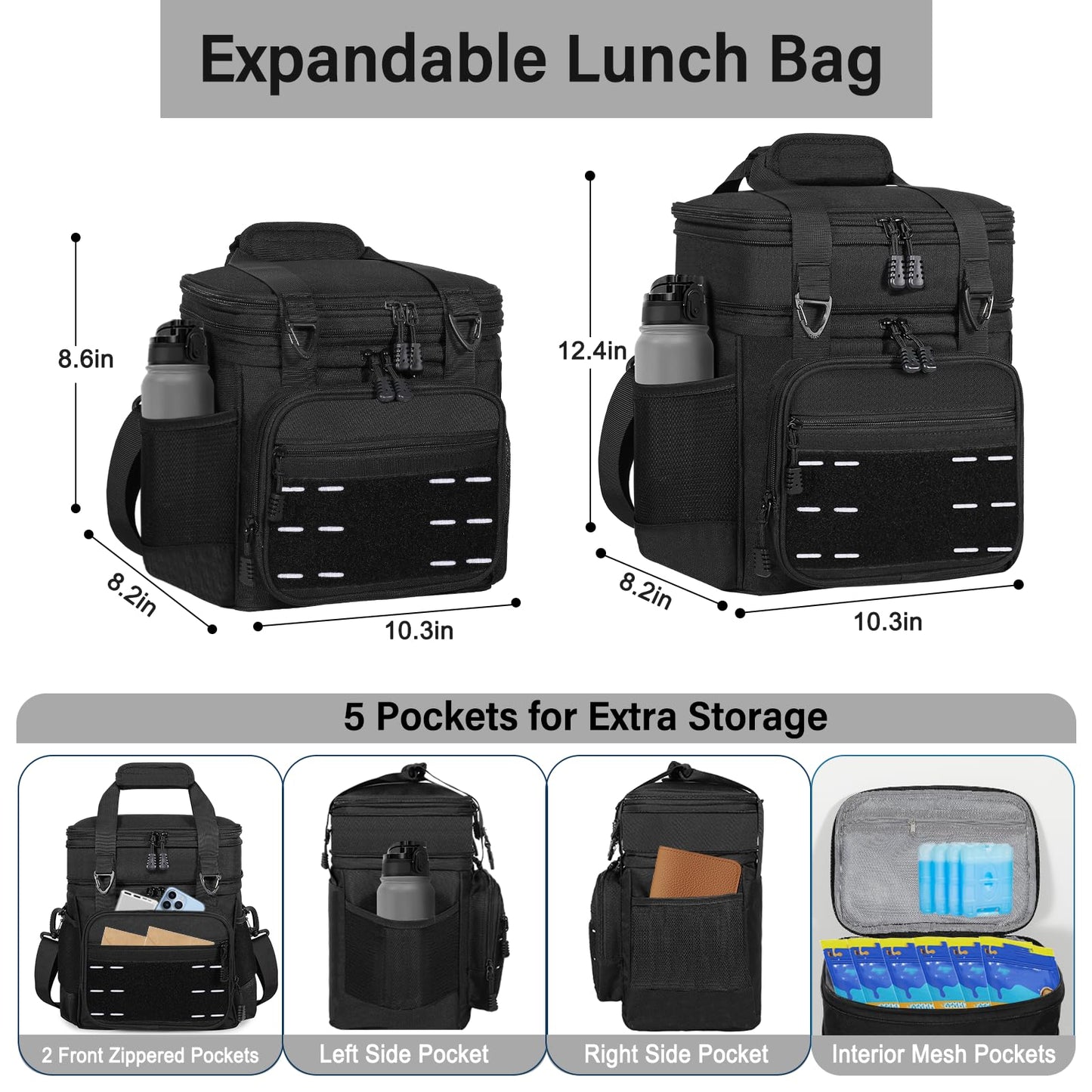 Expandable Large Lunch Box, Double Deck Insulated Lunch Cooler Bag Heavy Duty Leakproof Lunch Pail for Men Adults Work Office Outdoor Picnic Trips,16L,Black