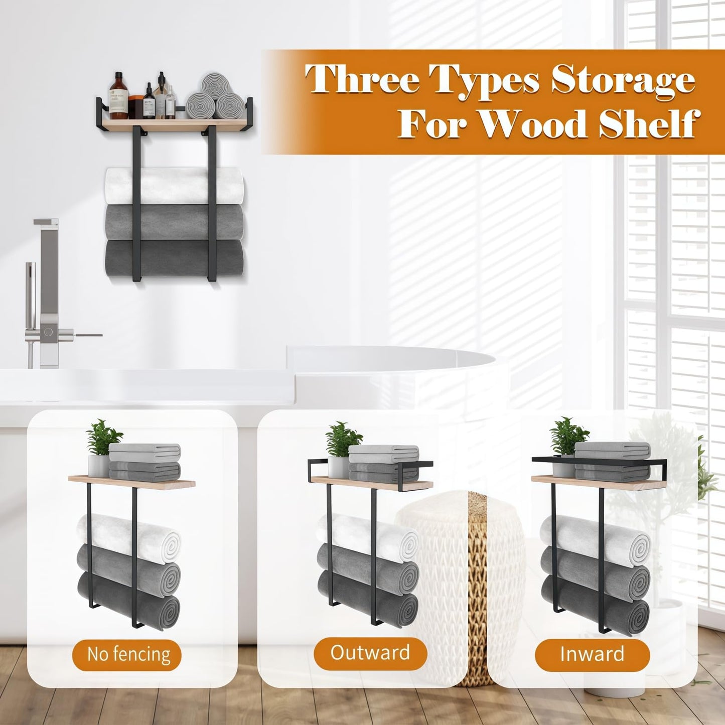 Bathroom Wall Mounted Towel Rack - Metal Towel Holder with Wooden Shelf, Easy to Install, Fits Large Folded Towels, Towel Storage Organizer for Small Bathroom & RV Camping Decor