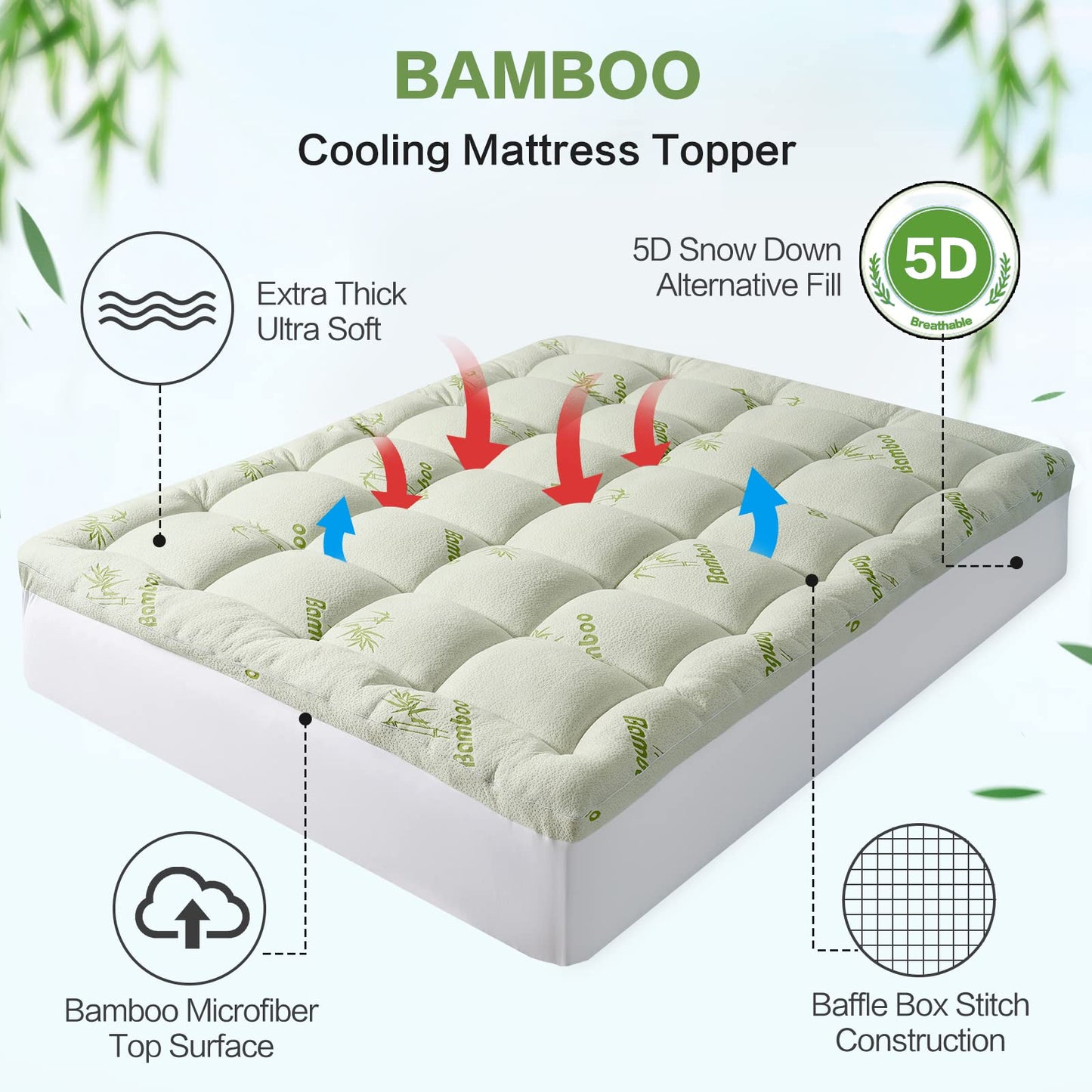 Premium Bamboo Full/Double Size Mattress Topper for Back Pain, 1200 GSM Quilted Fitted Extra Thick Mattress Pad for Bed,Pillow Top Mattress Cover with Deep Pocket Up to 21 Inches（54 * 75inch）