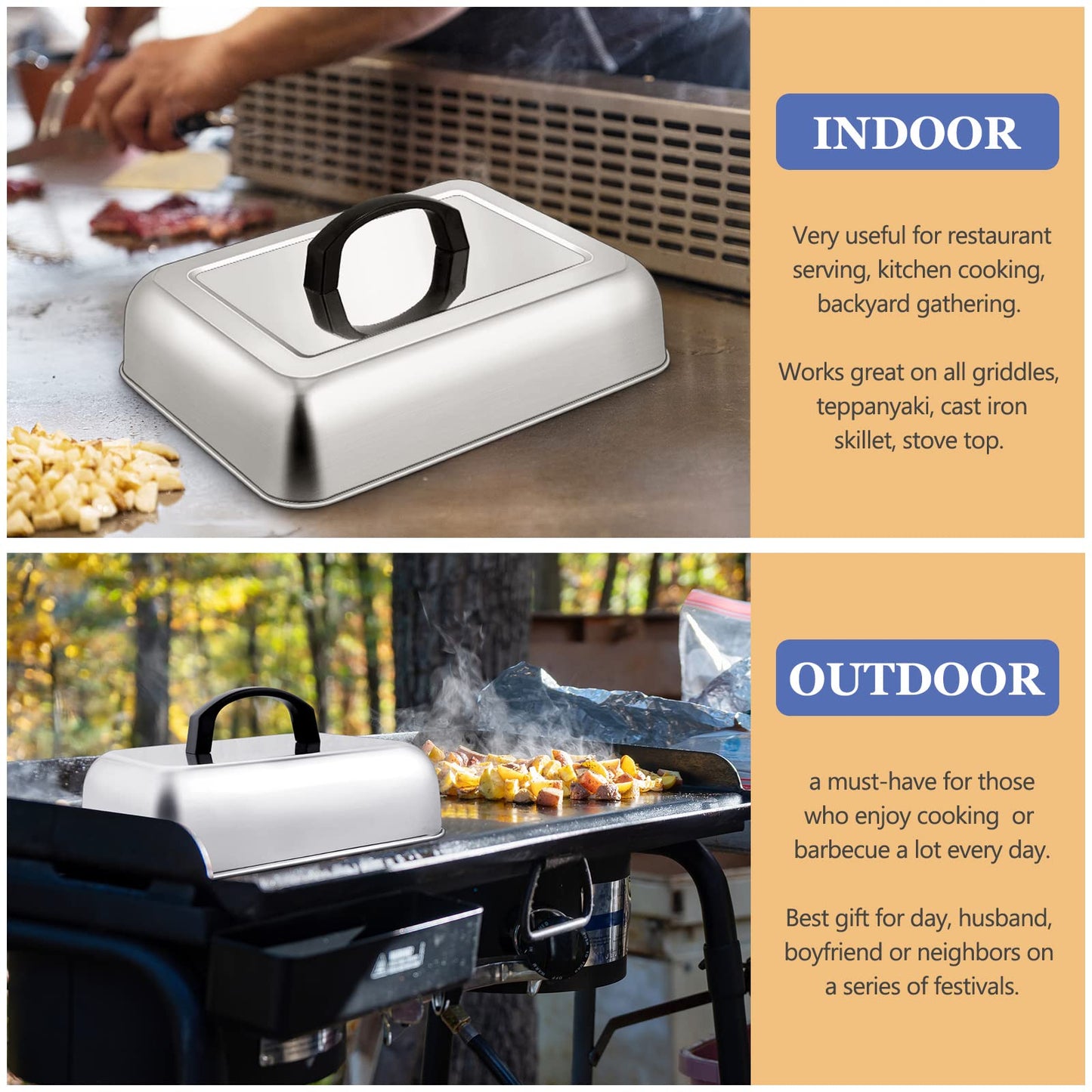 Rectangle Cheese Melting Dome, HaSteeL Stainless Steel Basting Cover for Flat Top Griddle BBQ Steaming Grilling Cooking Indoor & Outdoor, Large 13In & Small 9.3In, Heavy Duty & Dishwasher Safe(2 Pcs)
