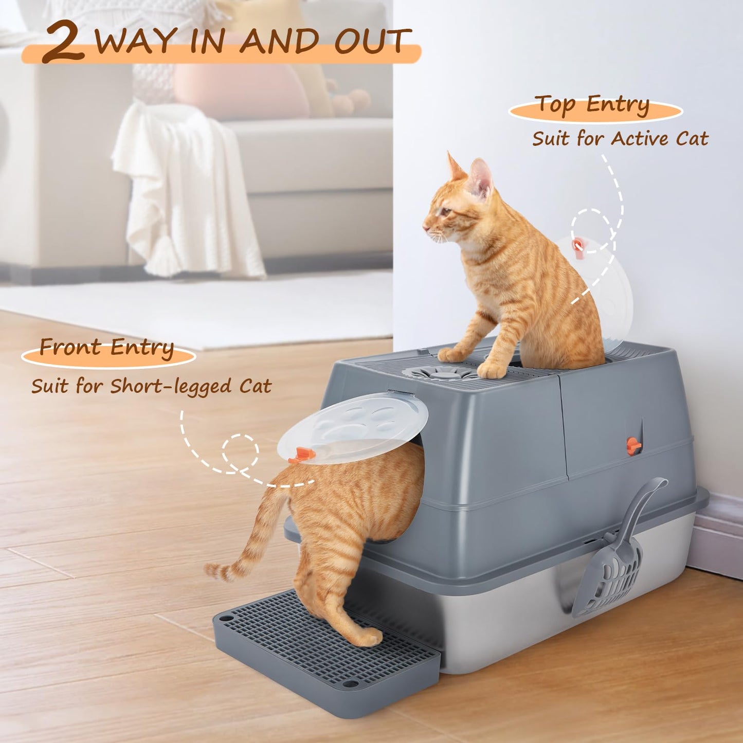 Ownpets Stainless Steel Cat Litter Box –180°Flip Lid for Easy Cleaning, One-Click Personalized Design, Advanced Odor Control, XL Capacity, 16'' High