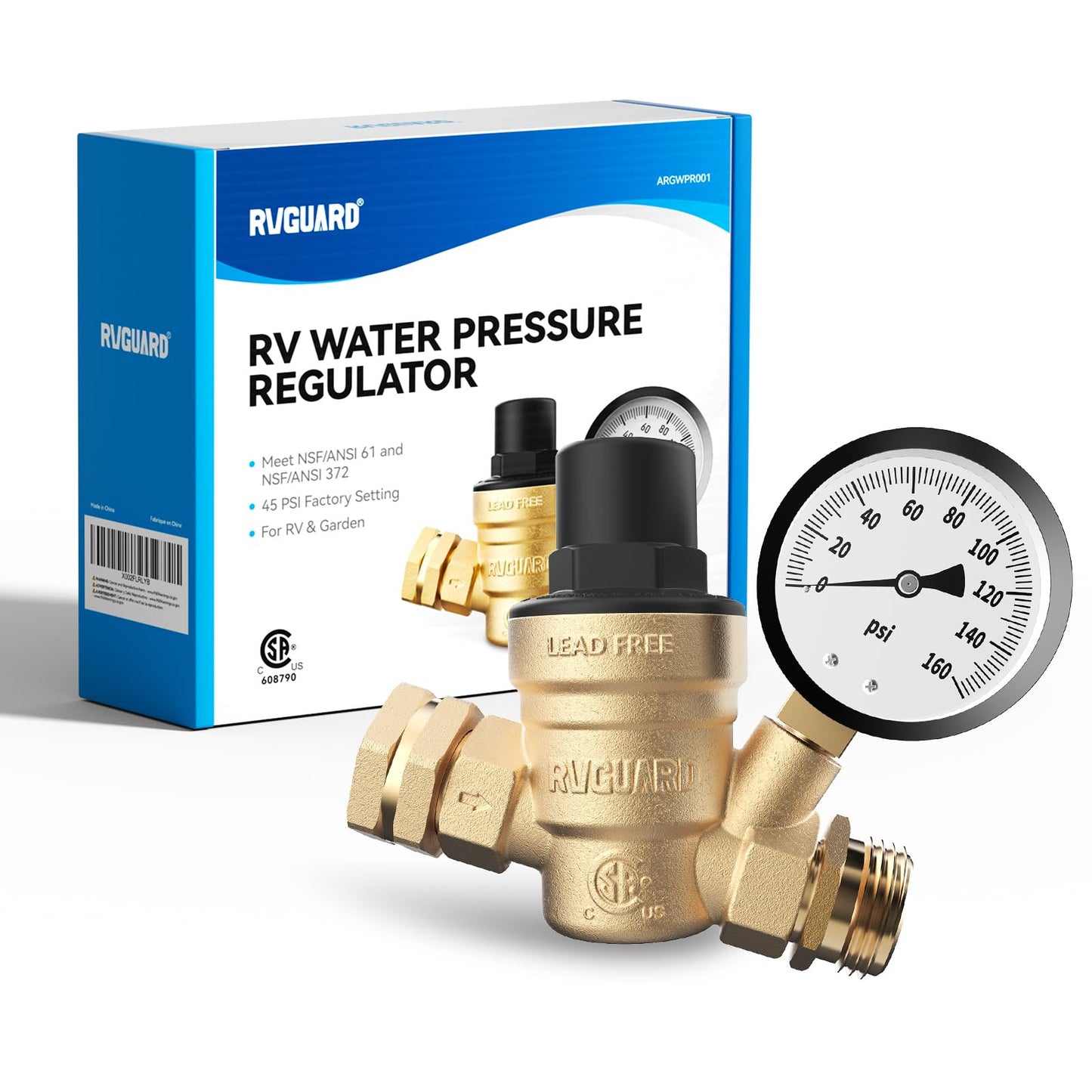 RVGUARD RV Water Pressure Regulator Valve, Lead-Free Brass Adjustable Water Pressure Reducer with Gauge and Inlet Screen Filter for RV Camper Travel Trailer