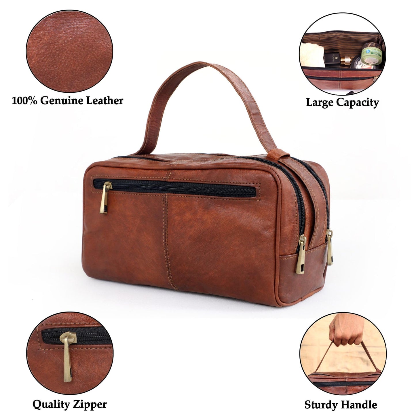 ANUENT Leather Toiletry Bag for Men & Women - Bathroom Bag for Traveling - Mens Shaving Dopp Kit Pouch Cosmetic Organizer Toiletries Bags Gifts for Men and Women (Brown)