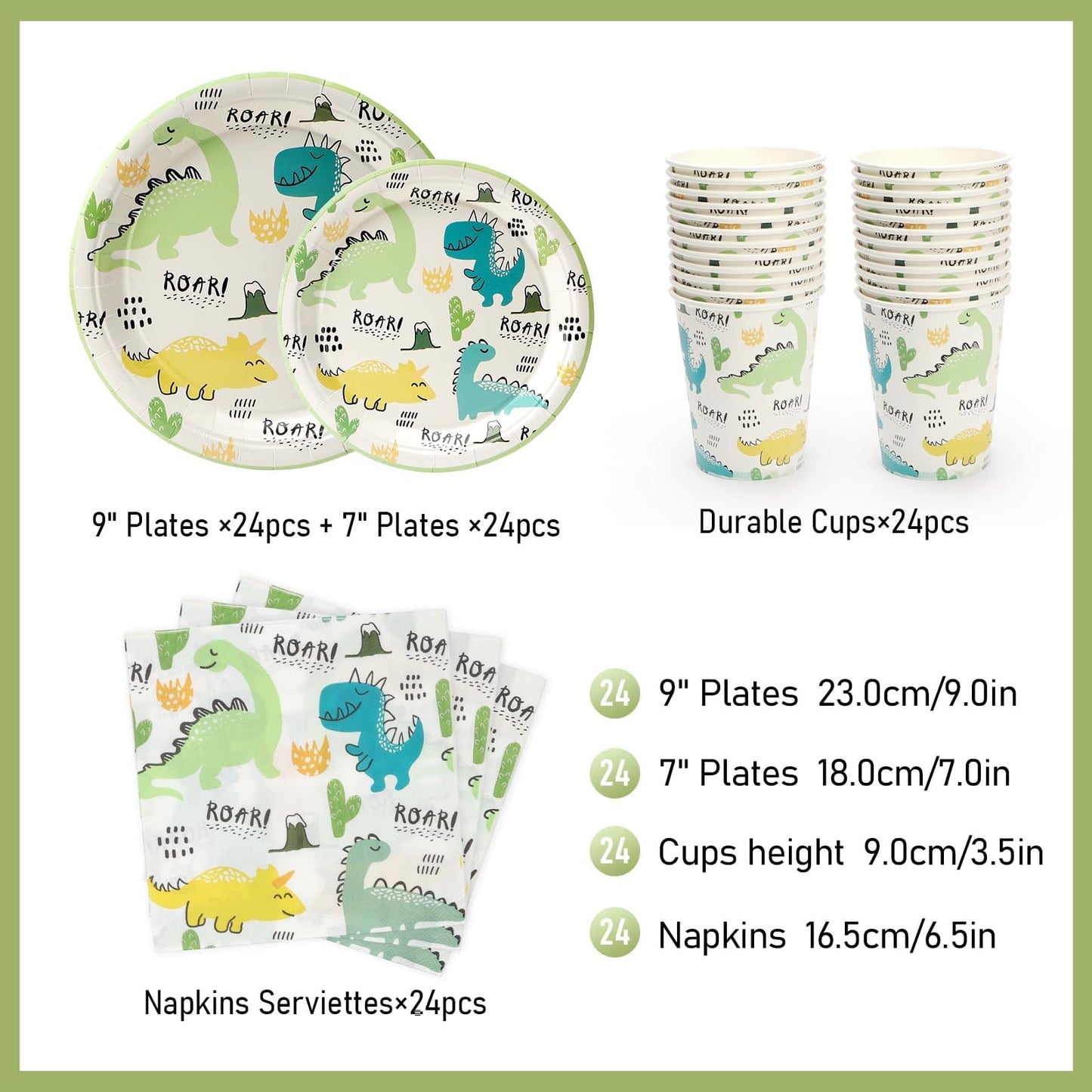 UVTQSSP 96 Pcs Party Plates and Cups and Napkins Sets, Dinosaur Theme Birthday Plates and Napkins Party Supplies, Disposable Tableware Sets, Serve for 24 Guests, Roar Dino, Cute