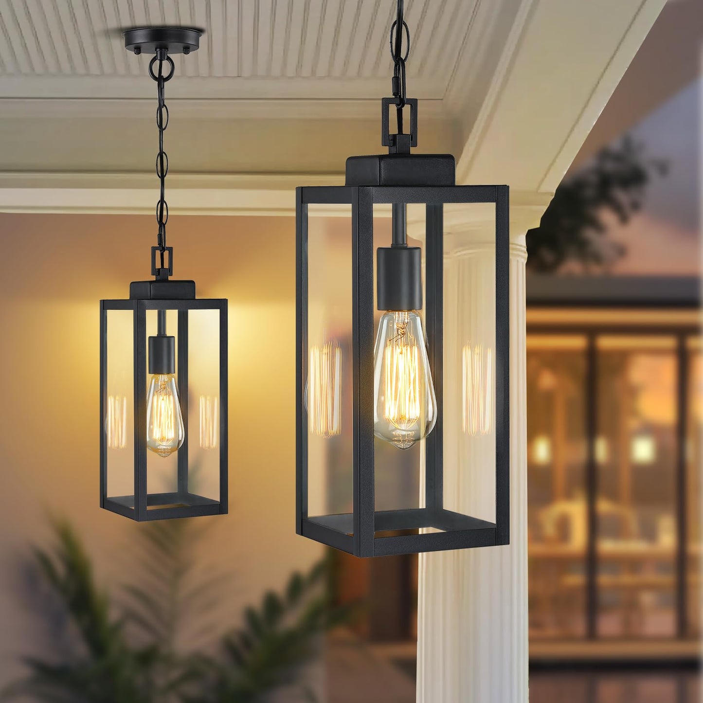 15'' Outdoor Pendant Light, Modern Outside Chandelier Outdoor Hanging Lantern Light, Matte Black with Clear Glass, Exterior Pendant Lighting Fixture for Porch, Yard, Gazebo, 1Pack