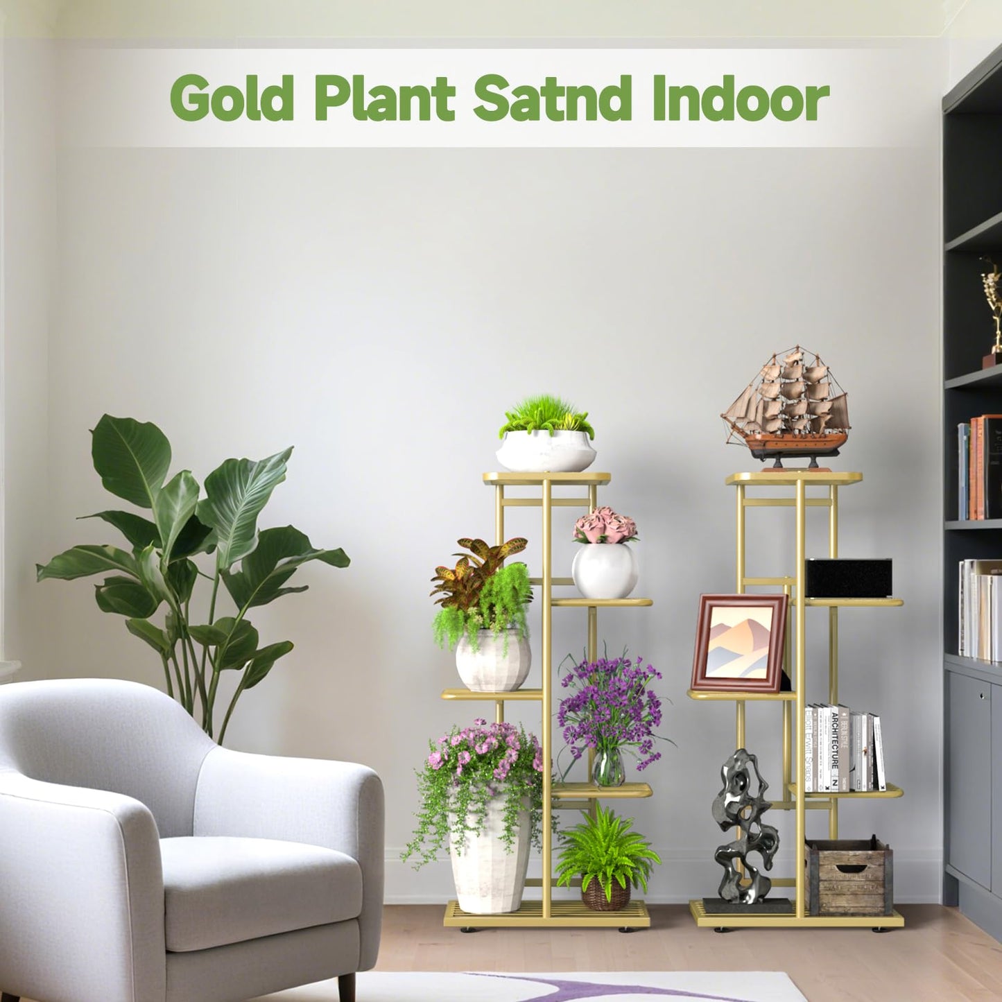 5 Tier 6 Potted Gold Plant Stand Indoor Outdoor, Upgraded Corner Metal Plant Rack Units Shelf for Multiple Plants, Flower Pot Holder Display for Patio, Balcony, Living Room