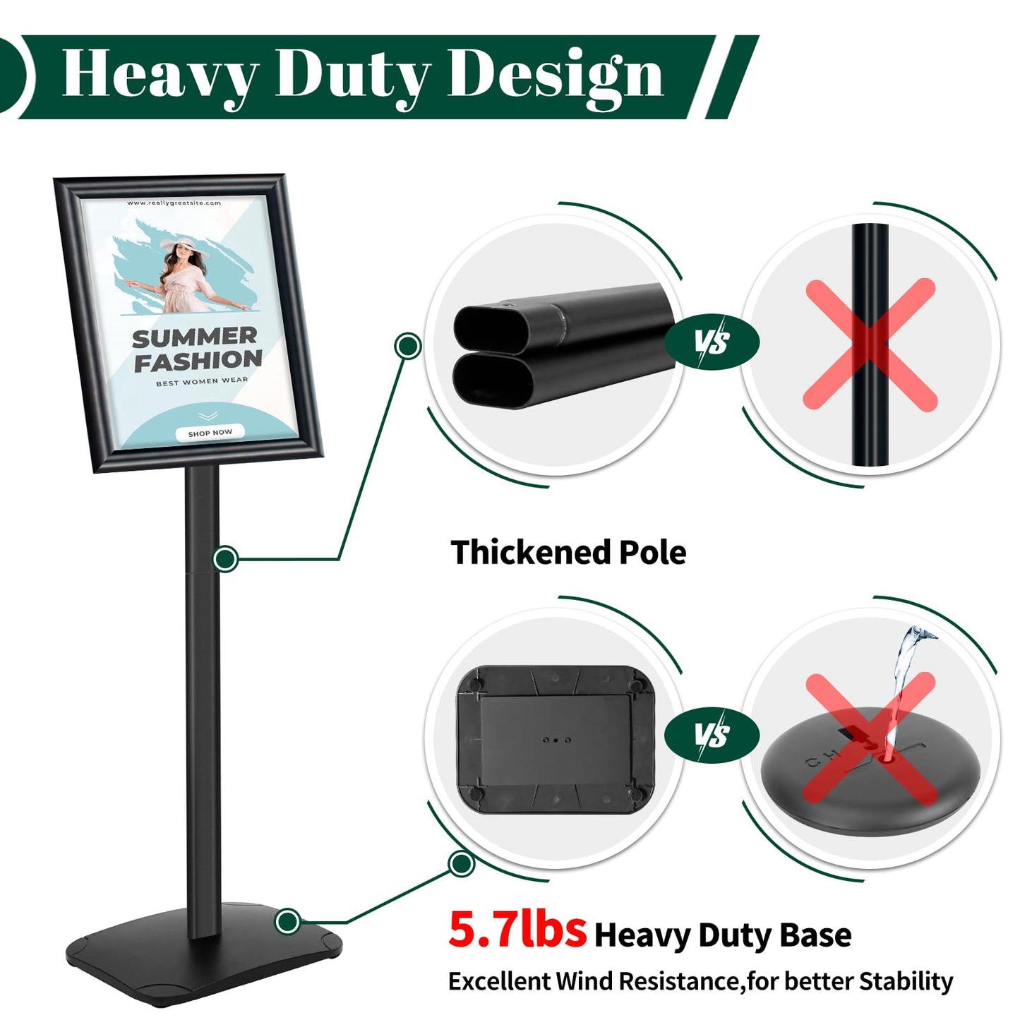 Mutualsign Heavy Duty Pedestal Sign Holder for Display, 8.5 x 11 Inches, Black Plastic Floor Standing Sign Stand with Weighted Base, UV-Resistant PVC, Indoor/Outdoor Advertising