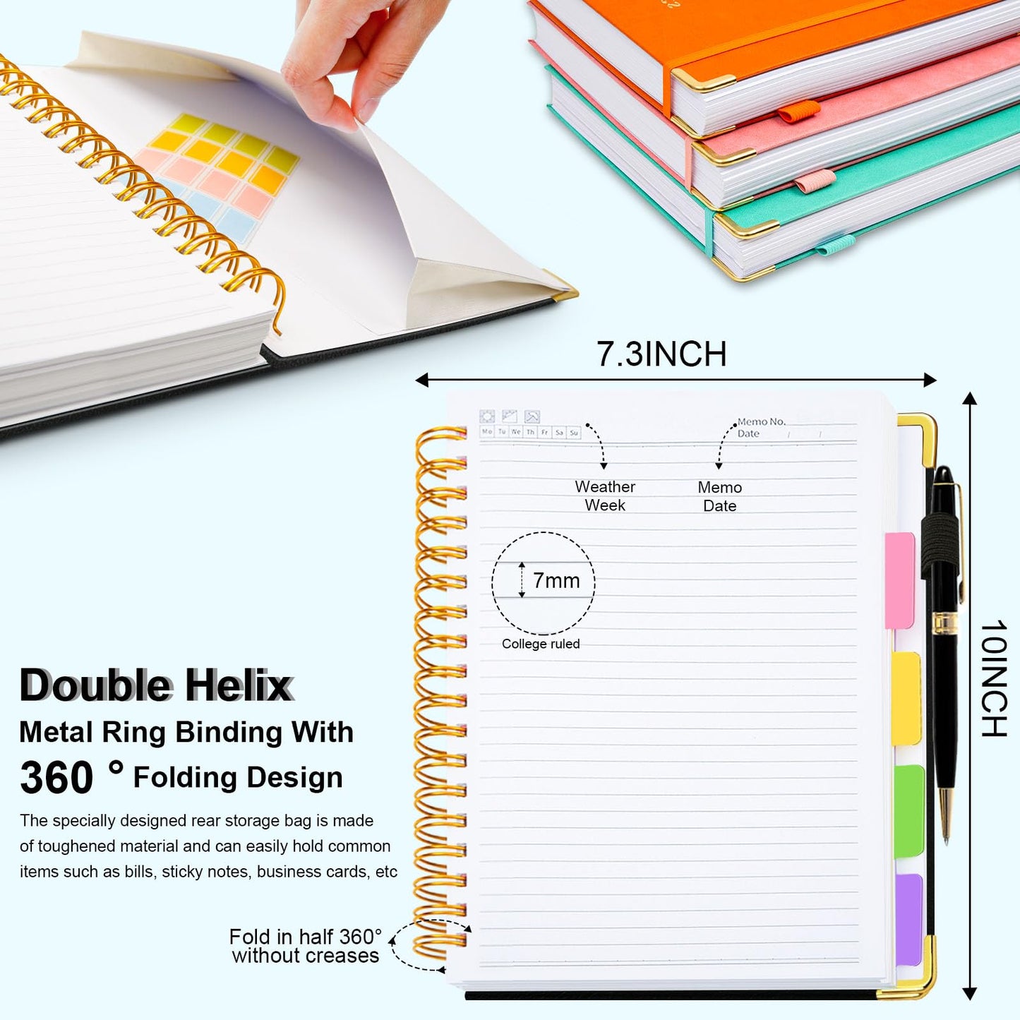 Hardcover Spiral Notebook 8"x10" Journal Notebook with Tabs and Removable Dividers 300 Pages 5 Subject Notebook College Ruled, Faux Leather Spiral Bound Notebook for Women, School Work(Black)