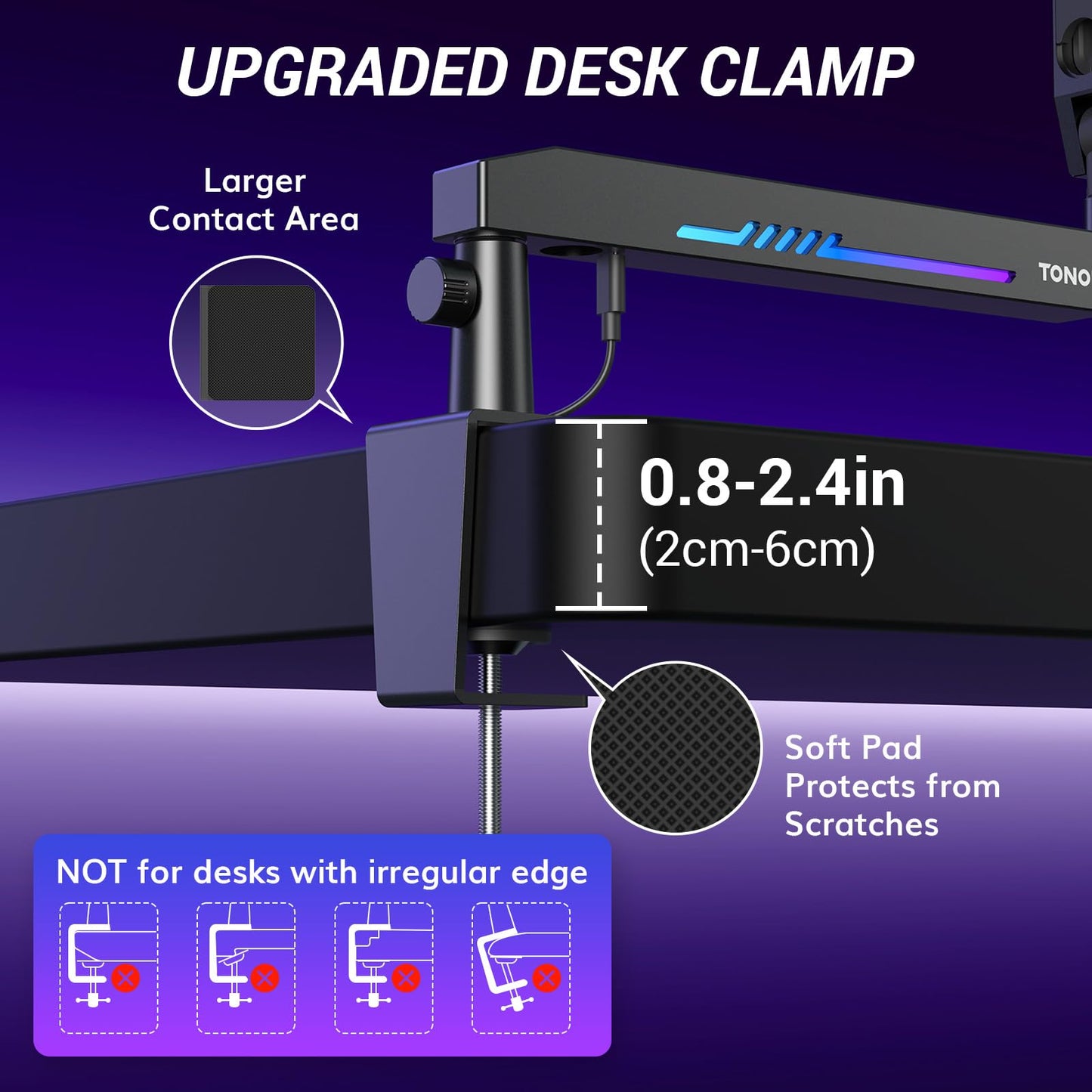 TONOR RGB Gaming Mic Arm, Low Profile Microphone Boom Arm with controllable RGB Light, Mic Stand with Cable Management, Compatible with Popular Microphones for Streaming, Studio, T90LP