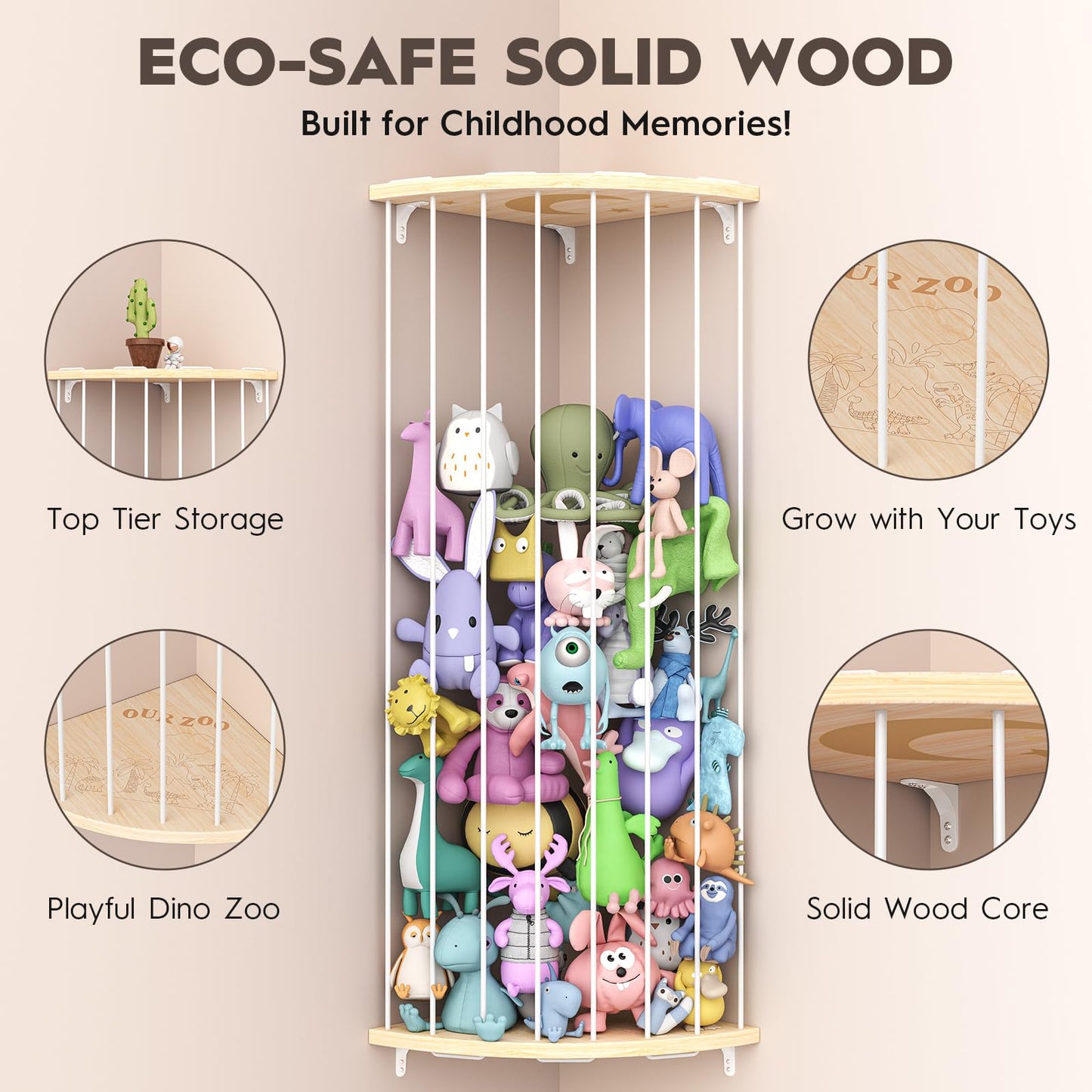 Zayysoha Stuffed Animal Storage Wood Corner Toy Plush Storage Hammock Hanging Storage Net, Toy Organizer Shelf for Nursery Playroom Bedroom Kid Room