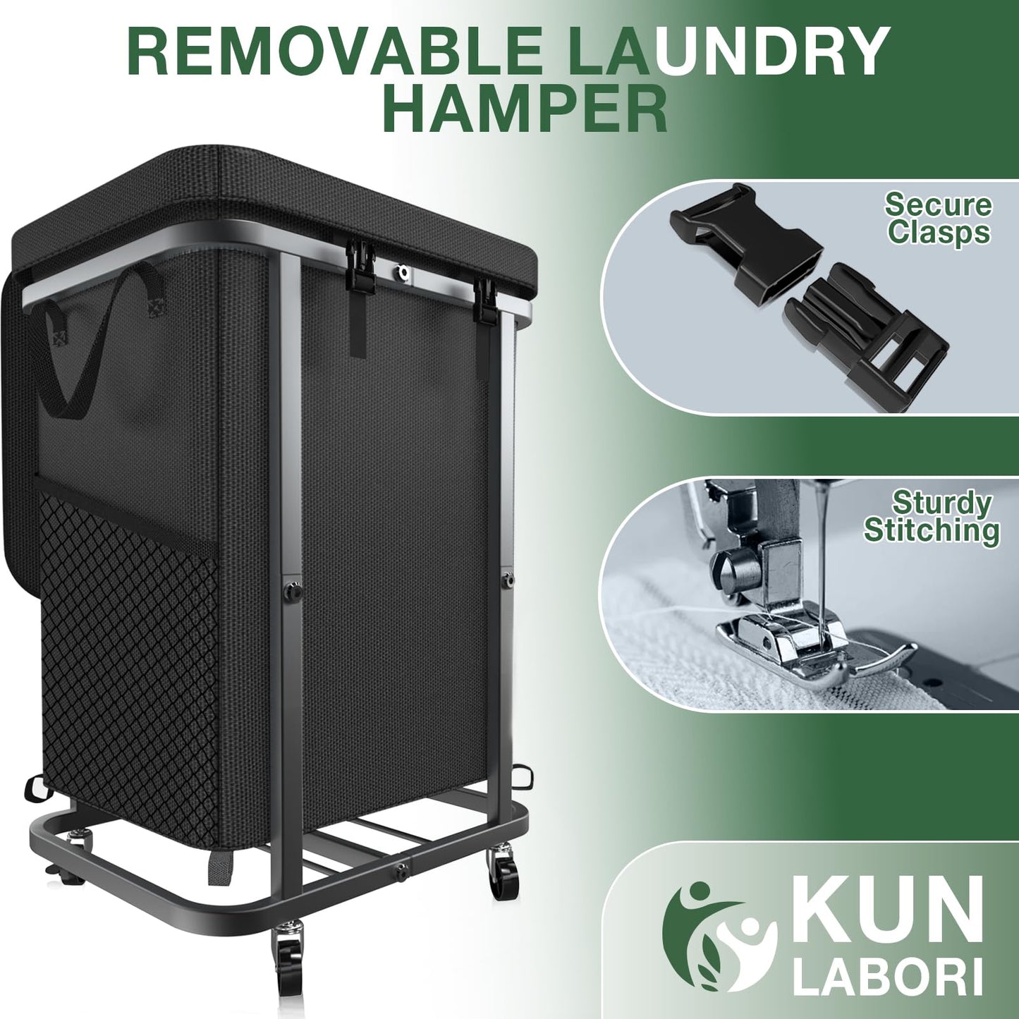 40 Gal(150L) High Grade Large Laundry Basket with Wheels, Rolling Laundry Hamper, Laundry Cart with Metal Frame and Removable Bag Design, Suitable for Laundry Room, Bedroom (Black, 150L)