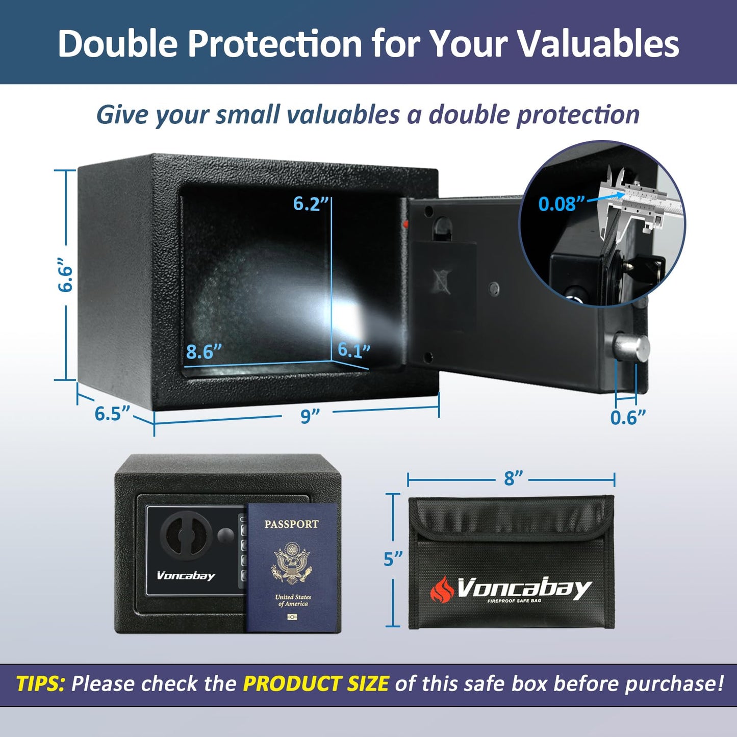Voncabay Money Safe Box for Home with Sensor Light & Fireproof Money Bag for Cash Safe, Security Safe Box for Money Safe with Keys & Pass Code, Lock Box Fireproof Safe with Digital Keypad