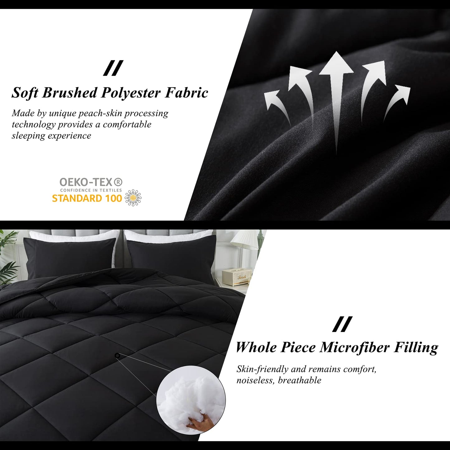 ELNIDO QUEEN Black Queen Comforter Set with 2 Pillow Shams - 3 Pieces Bed Comforter Set - Quilted Down Alternative Comforter Set - Lightweight All Season Bedding Comforter Sets Queen Size(88x92 inch)