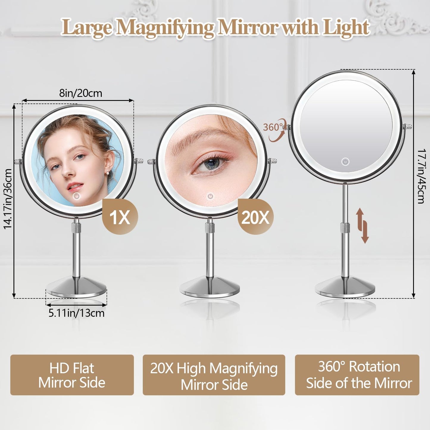 BTremary 20X Make Up Mirror with Lighting Adjustable Height, 8” Magnifying Mirror with Lights, 2500mAh Illuminated Makeup Mirror 360 Rotation Light Up Mirror for Detail Makeup in Bathroom/Bedroom.