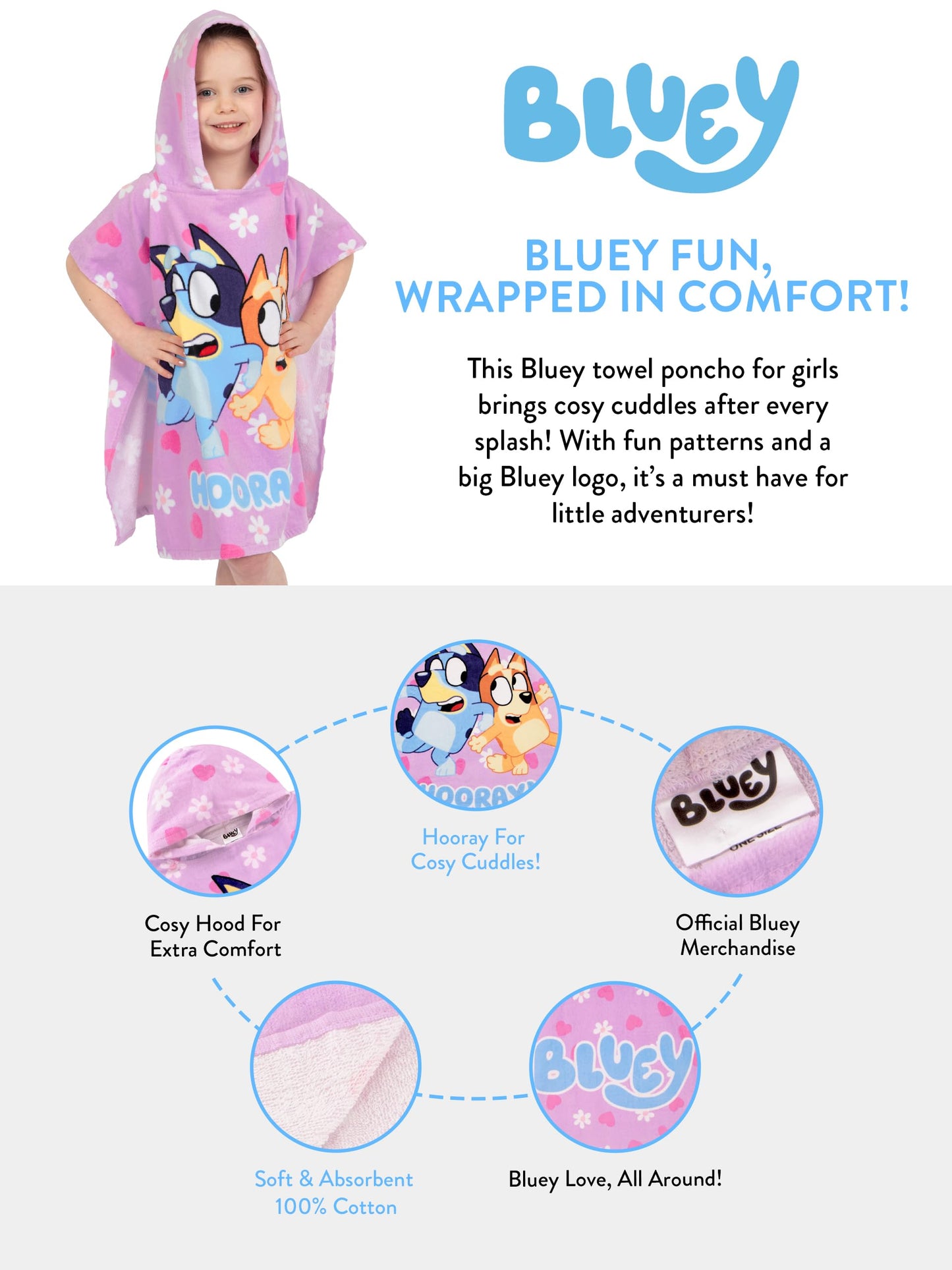 Bluey Towel Poncho | Girls Hooded Beach Towel | Cotton Girls Bath Towels | Kids Swimming Towels | One Size | Purple