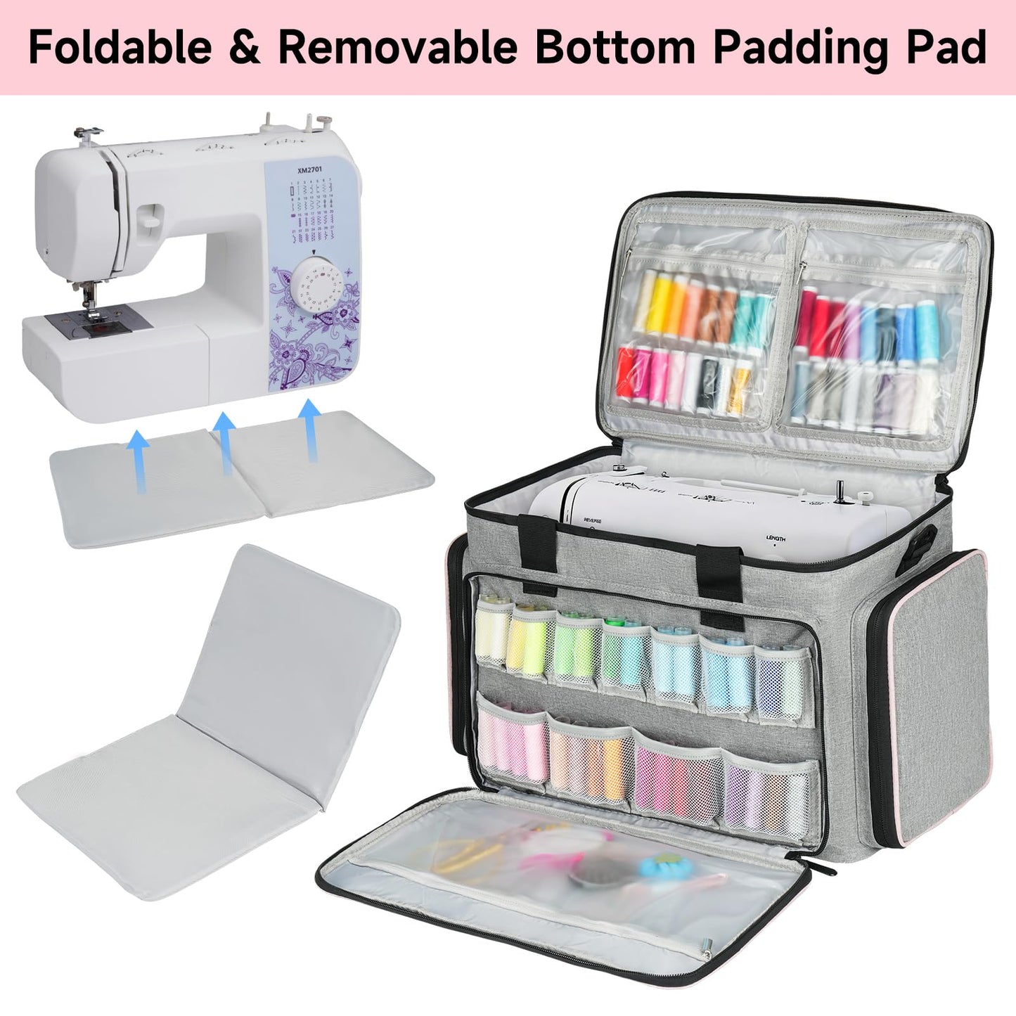 Sewing Machine Carrying Case Bag Compatible with Most Standard Singer,Brother,Janome with Multiple Storage Pockets,Universal Travel Tote Bag with Shoulder Strap for Sewing Machine and Supplie,Grey