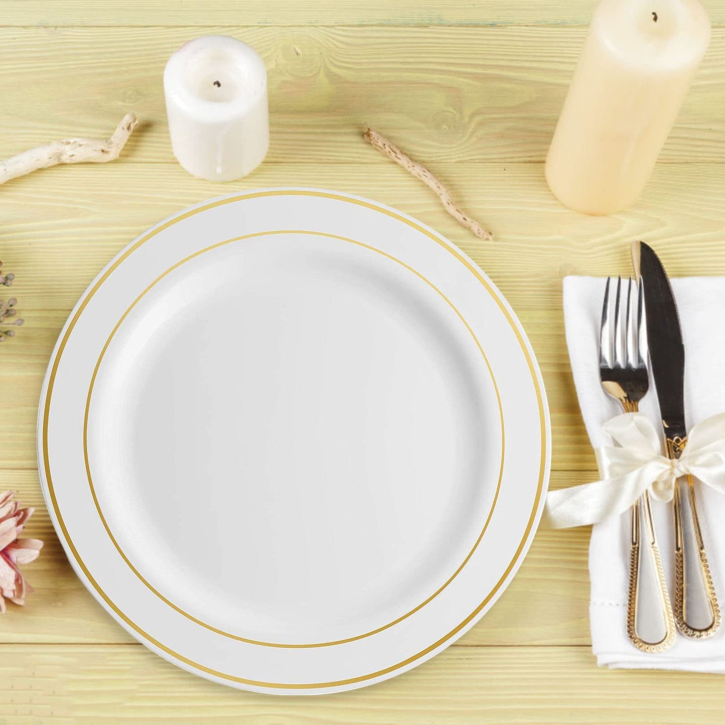 50 Piece Gold Round Plastic Plates, Premium Gold Trim Disposable Plastic Salad/Dessert Plates Ideal for Weddings and Parties (7.5 Inch)