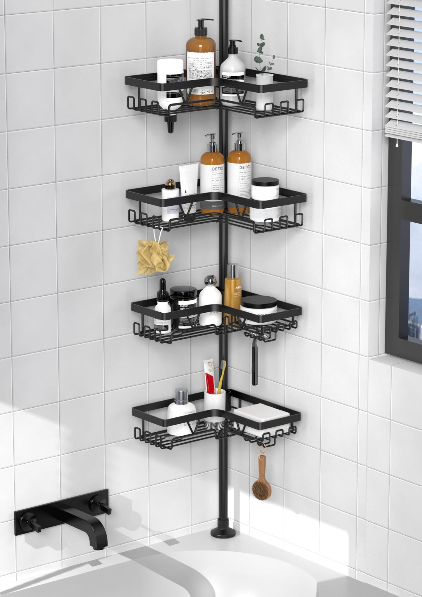 KEGII Corner Shower Caddy Tension Pole, Rustproof Bathroom Organizer with Hooks & Soap Holder, Adjustable from 25 to 114.2 inch, 4-Tier Corner Shower Rack for Bathtub Shampoo Storage - Black