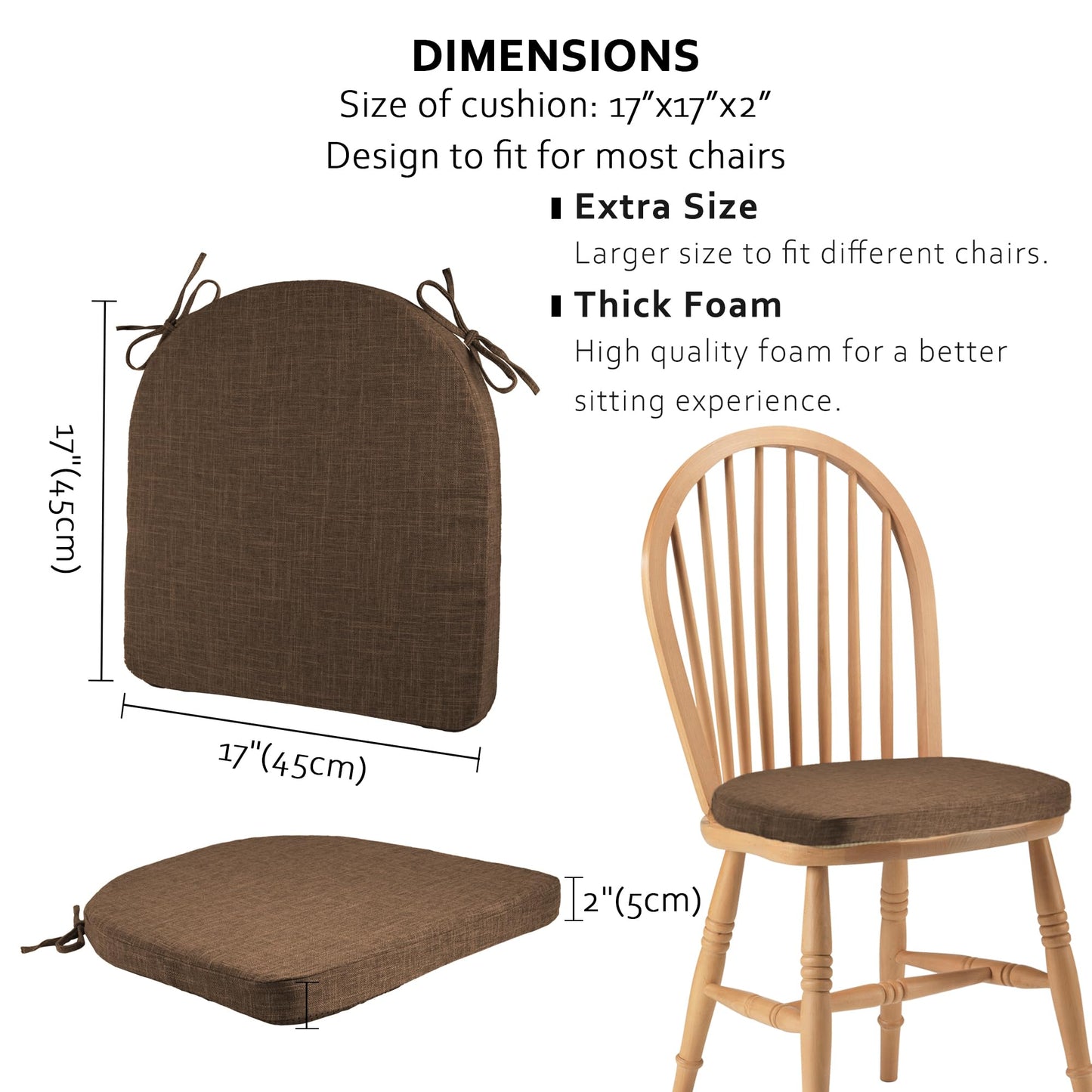 ELFJOY Set of 6 Chair Cushions for Dining Chairs Non Slip Seat Cushion with Ties and Machine Washable Cover Foam Kitchen Chair Pads Indoor 17x17x2 inches Coffee